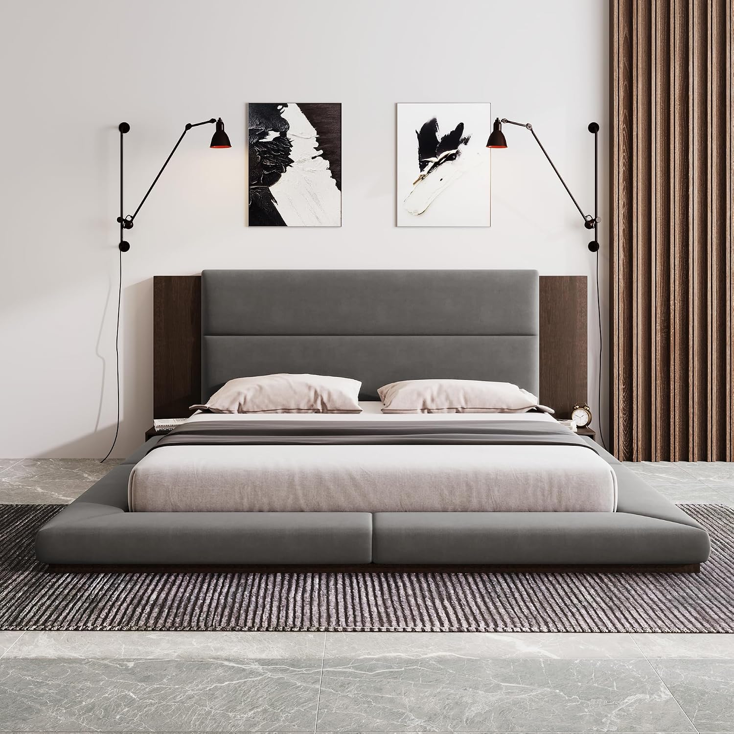 King Size Floor Upholstered Platform Bed with Extended Wood Headboard and Side Storage Shelves, Modern Velvet Platform Bed Frame with Slats Support, No Box Spring Required, Noise-Free