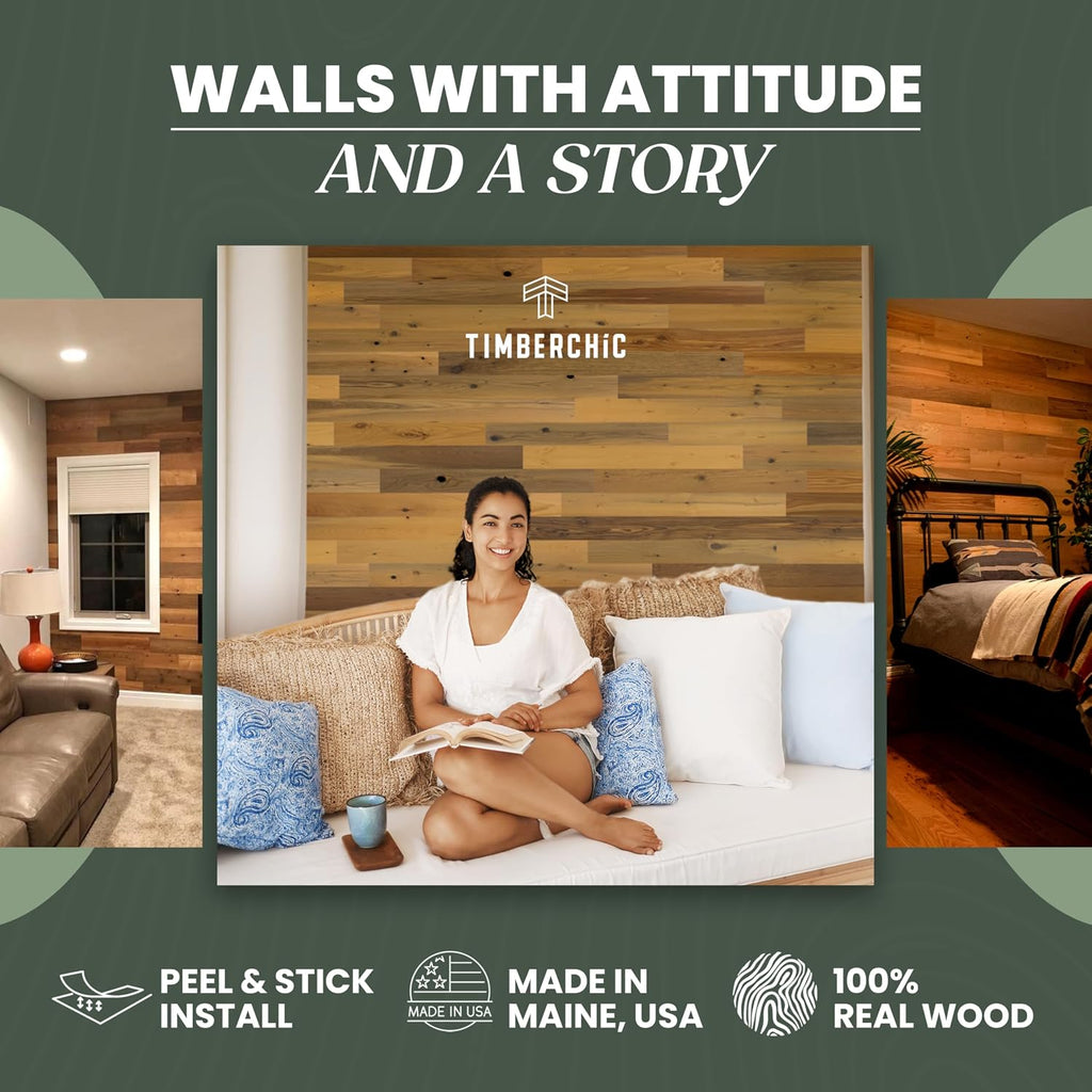 Timberchic Reclaimed Wood Wall Panels – Peel and Stick Planks for Accent Walls – Rustic Home Décor Sample Pack (3', 4', 5', Assorted Colors)