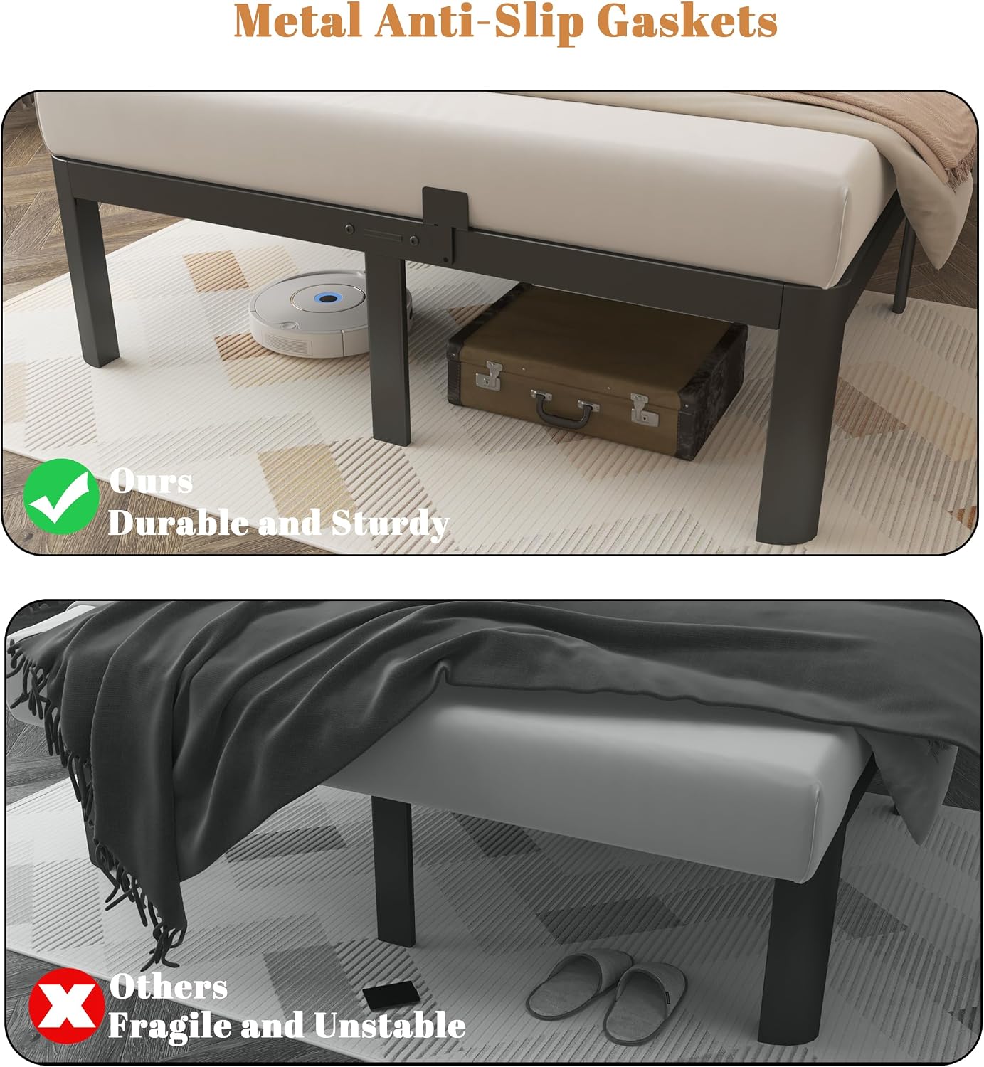 16 Inch Black King Size Bed Frame, Metal King Platform Bed Frame with Baffles, No Box Spring Needed, Heavy Duty Steel Support, Round Corner Design, Storage Space, Reserved Holes, Noiseless