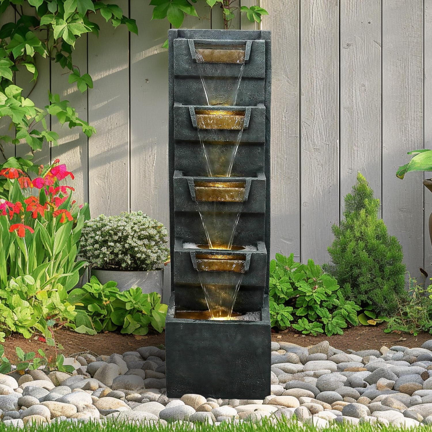 SunJet 4-Tiers Modern Cascading Indoor/Outdoor Fountains and Waterfalls with LED Lights - 39.3' High Large Water Fountain for Garden, Patio, Yard, and Deck Decor - Relaxing Water Fountain Outdoor