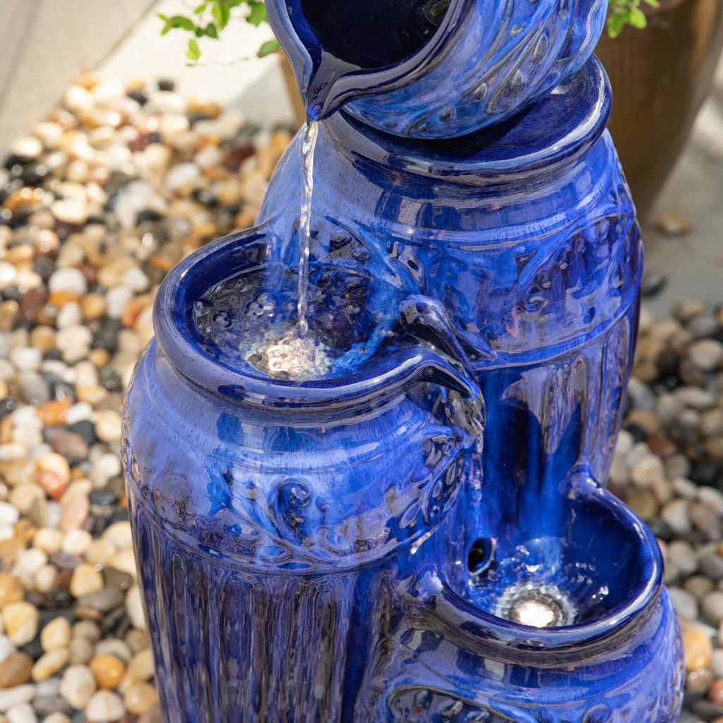 Glitzhome Water Fountain Outdoor with LED Lights, 4-Tier Ceramic Pots Outdoor Water Fountain, Embossed Pattern Cascading Water Feature for Garden Patio Backyard, Cobalt Blue, 27.25' H