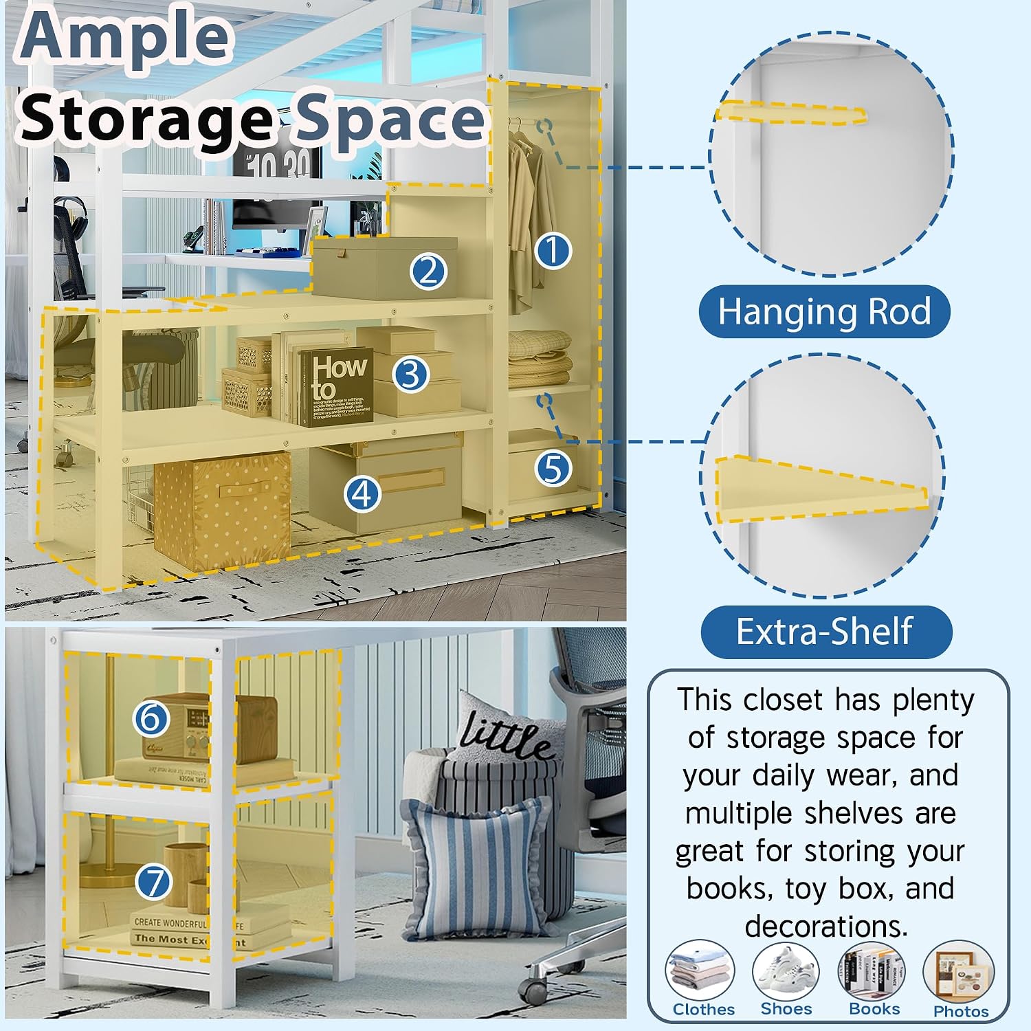 Queen Size Loft Bed with Stairs and Desk, Gaming Loft Beds with RGB LED Light and Storage Shelf, Heavy-duty Metal Loft Bed Frame with Wardrobe, Charging Station for Adults Kids Teens, White