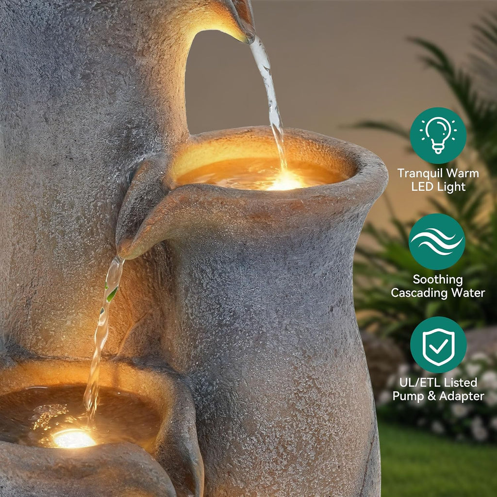 33' H Outdoor Water Fountain with Lights, 5-Tier Faux Terracotta Vase Waterfall, Rustic Cracked Stone Finish Resin Cascading Waterfall Feature with Tranquil Oasis for Garden, Patio, Yard, Porch