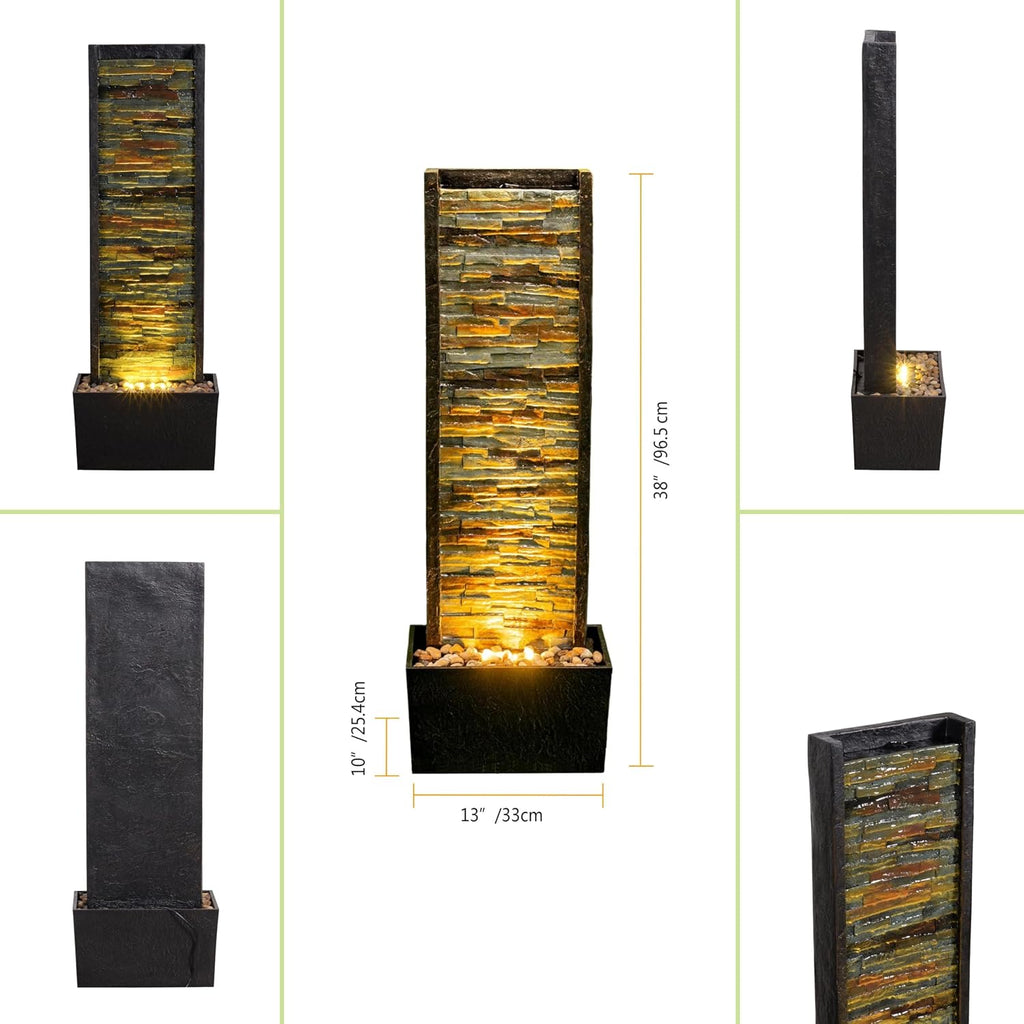 Cheng Pin 38 Inch Tall Indoor & Outdoor Water Fountain, Staggered Stone Wall Waterfall Fountain with LED Lights, Relaxing Ambience Water Feature Decor for Living Room, Bedroom, Office, Garden, Yard