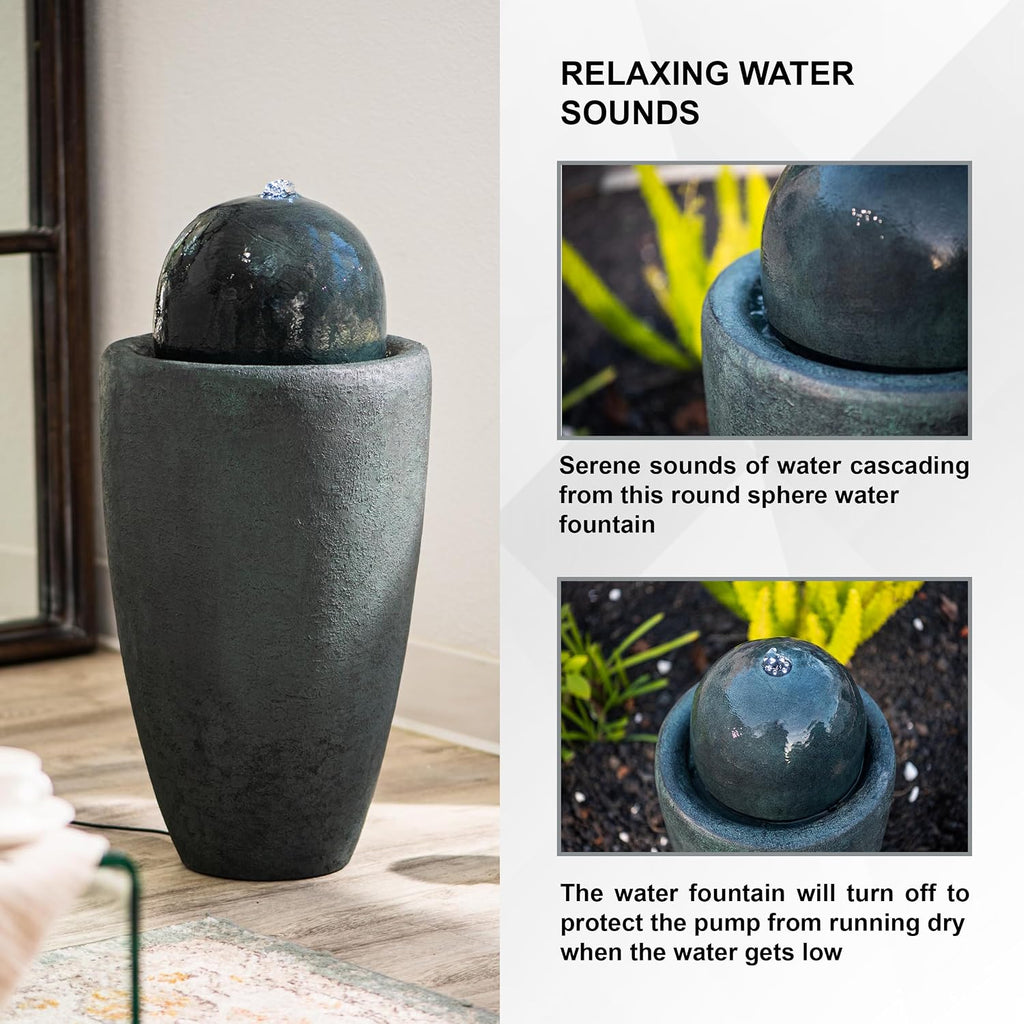 XBrand 25.98' Modern Sphere Water Fountain with LED Light – Indoor Outdoor Stone Texture Floor Fountain, Zen Bubbling Ball Water Feature for Garden Patio Porch - Dark Green