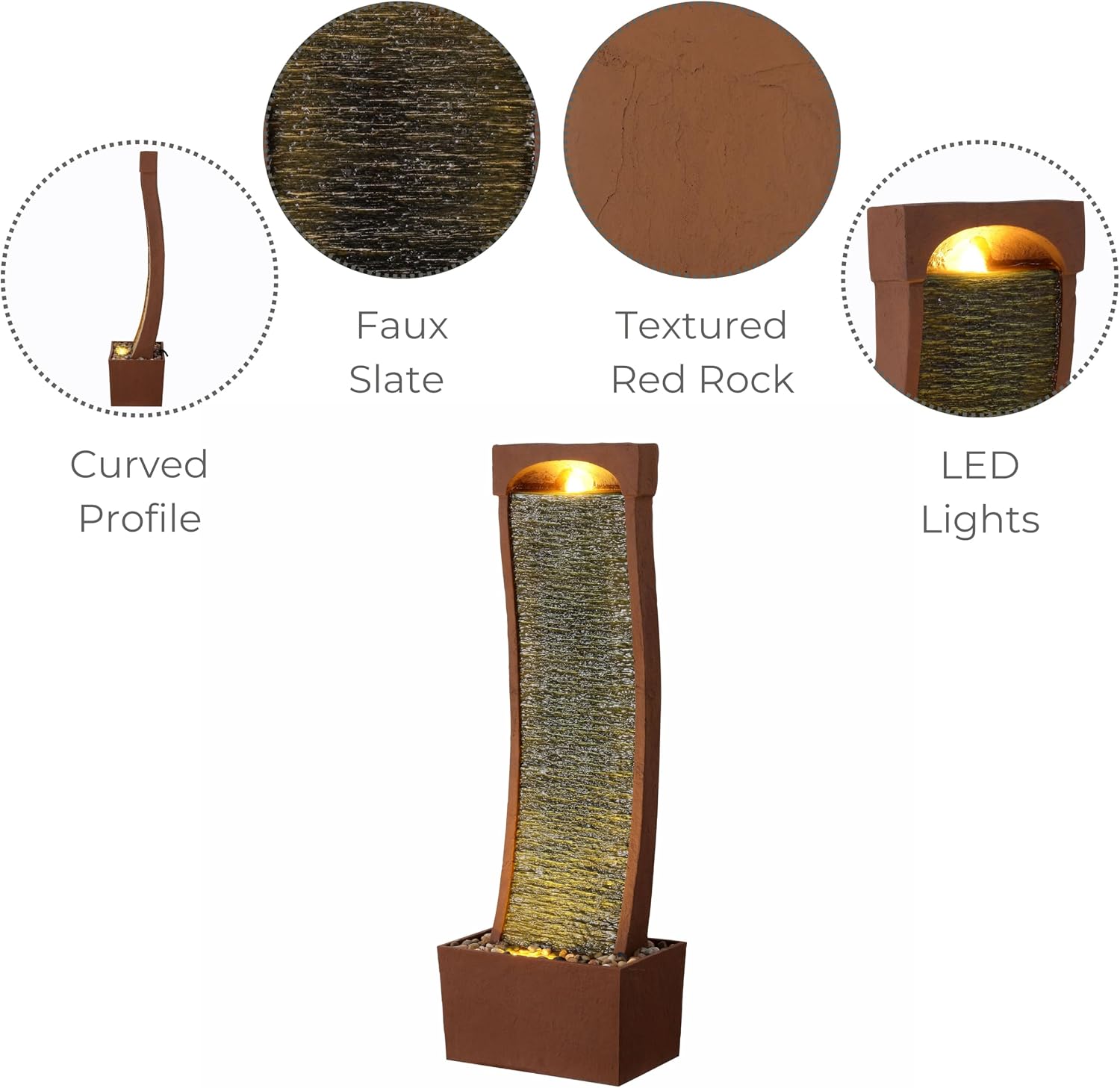 Teamson Home 38.5' Indoor/Outdoor Modern Curved Faux Slate Waterfall Fountain with LED Lights, Red Rock