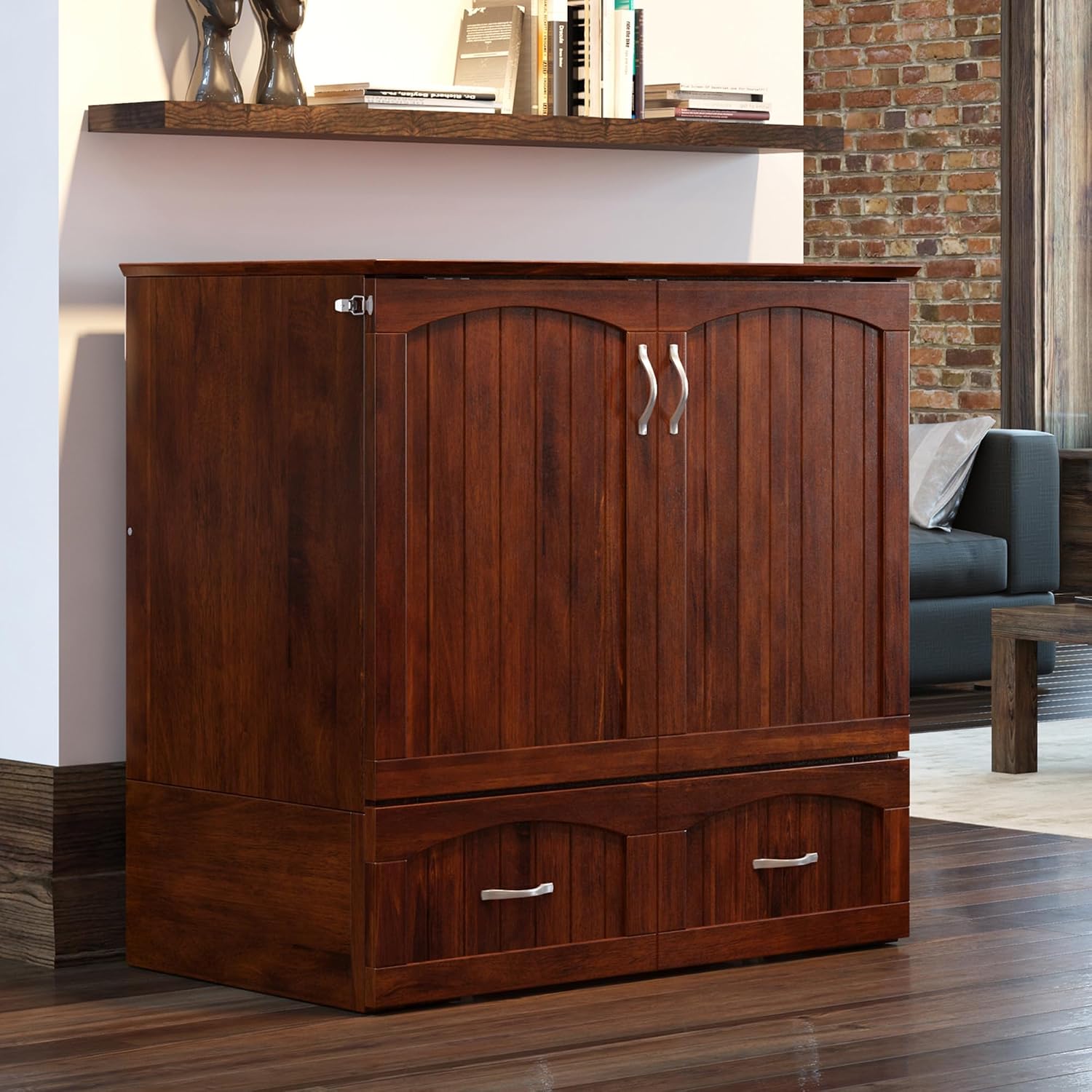 AFI, Southampton Murphy Bed Chest Twin XL with 6' Mattress, Storage Drawer & Built-in USB Charger, Walnut