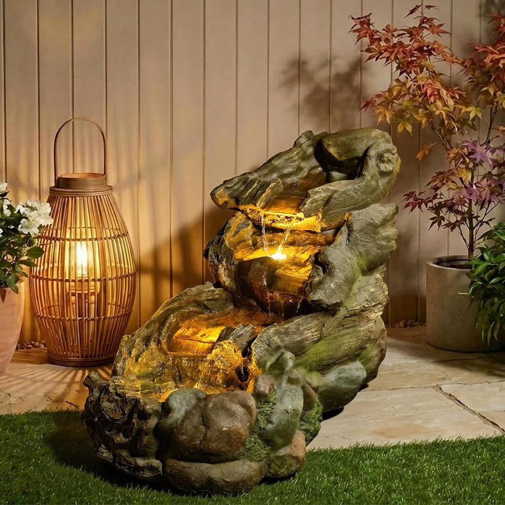Sunlinua 37' L Outdoor Water Fountain with 3 Tiers Cascading Realistic Tree Trunk Waterfall Fountains with LED Lights Outdoor Water Fountain for Garden Patio Backyard Porch Home Decor