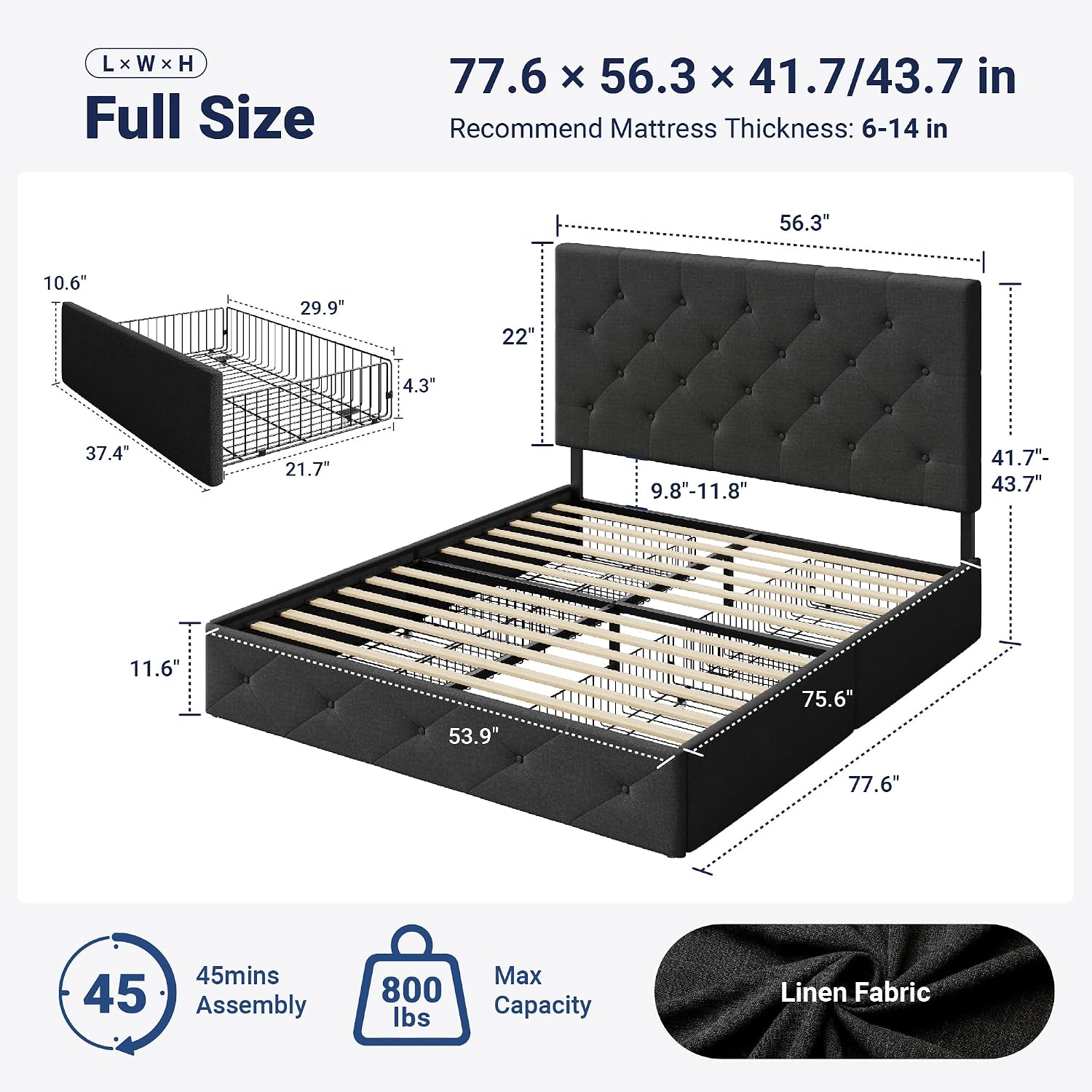 Allewie Upholstered Full Size Platform Bed Frame with 4 Storage Drawers and Headboard, Diamond Stitched Button Tufted, Mattress Foundation with Wooden Slats Support, No Box Spring Needed, Dark Grey