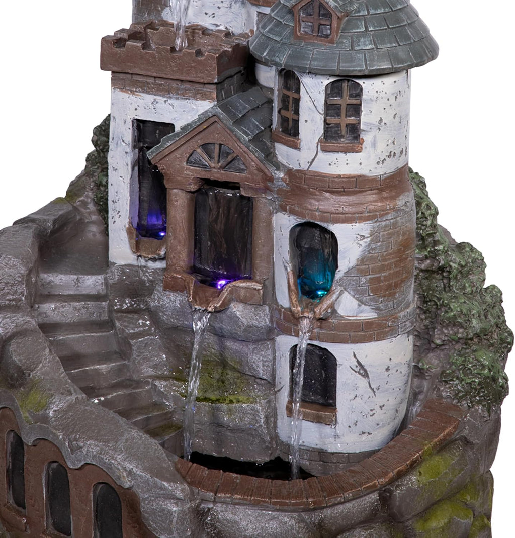 Alpine Corporation USA1368 Outdoor Floor Tiered Fairy Castle Water Fountain with Color Changing LED Lights, 35', Brown