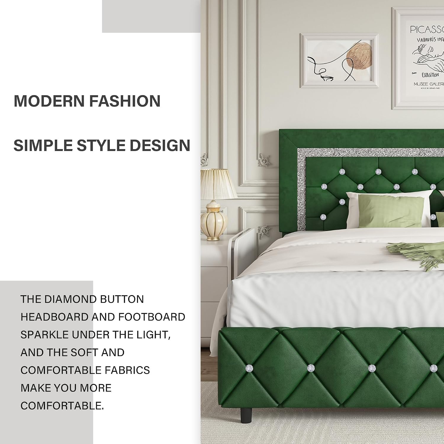 BarnFurin King Size Bed Frame with Headboard, Upholstered Bed with Diamond Tufted Design, Wooden Slats Support, No Box Spring Required, Easy Assembly, Green