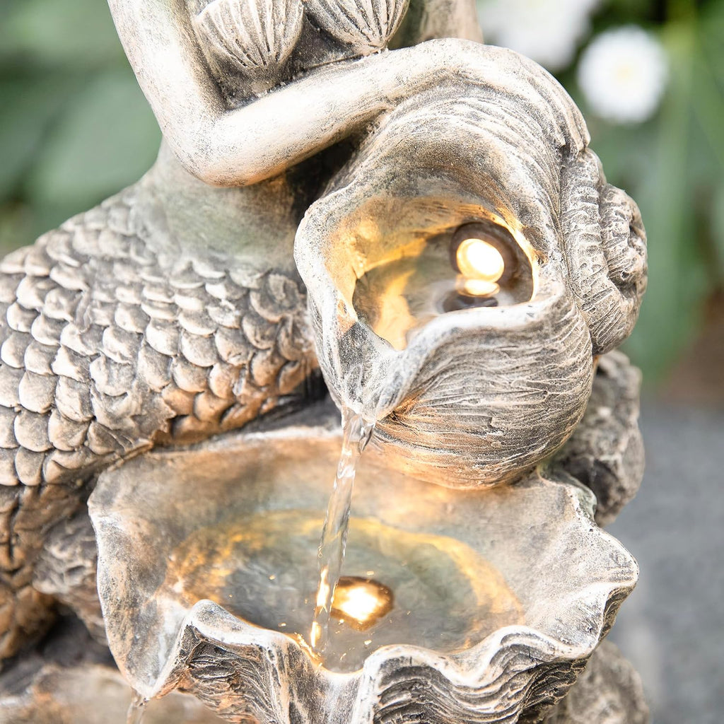 Glitzhome Water Fountain Outdoor, Outdoor Fountain with Lights & Pump, 22.25' H 4-Tiered Concrete Mermaid Polyresin Waterfall Floor Standing Water Feature for Garden, Patio, Yard, Deck, Porch