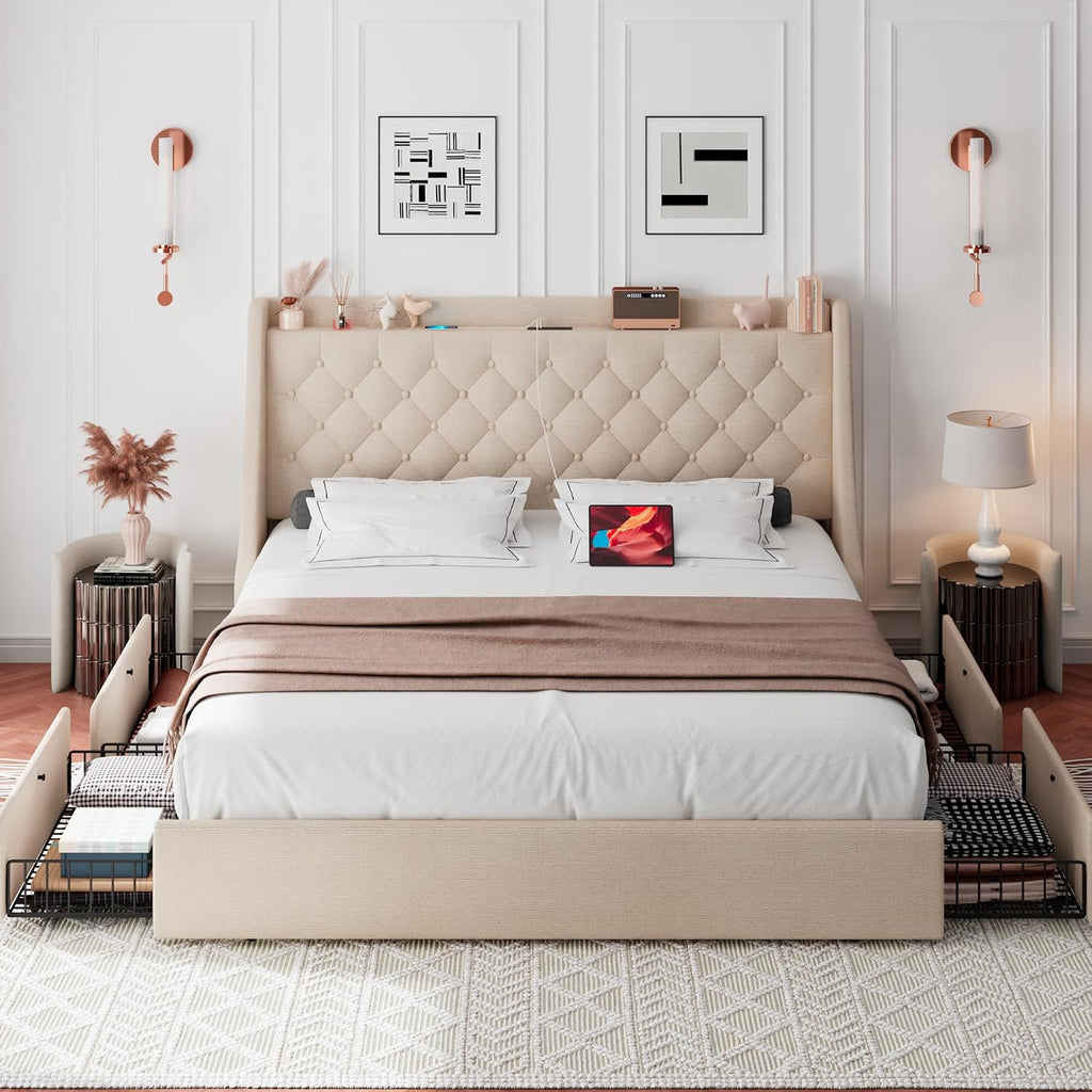 iPormis Queen Bed Frame with 4 Storage Drawers, Upholstered Platform Bed Frame with Type-C & USB Ports, Wingback Storage Headboard, Solid Wood Slats, No Box Spring Needed, Beige