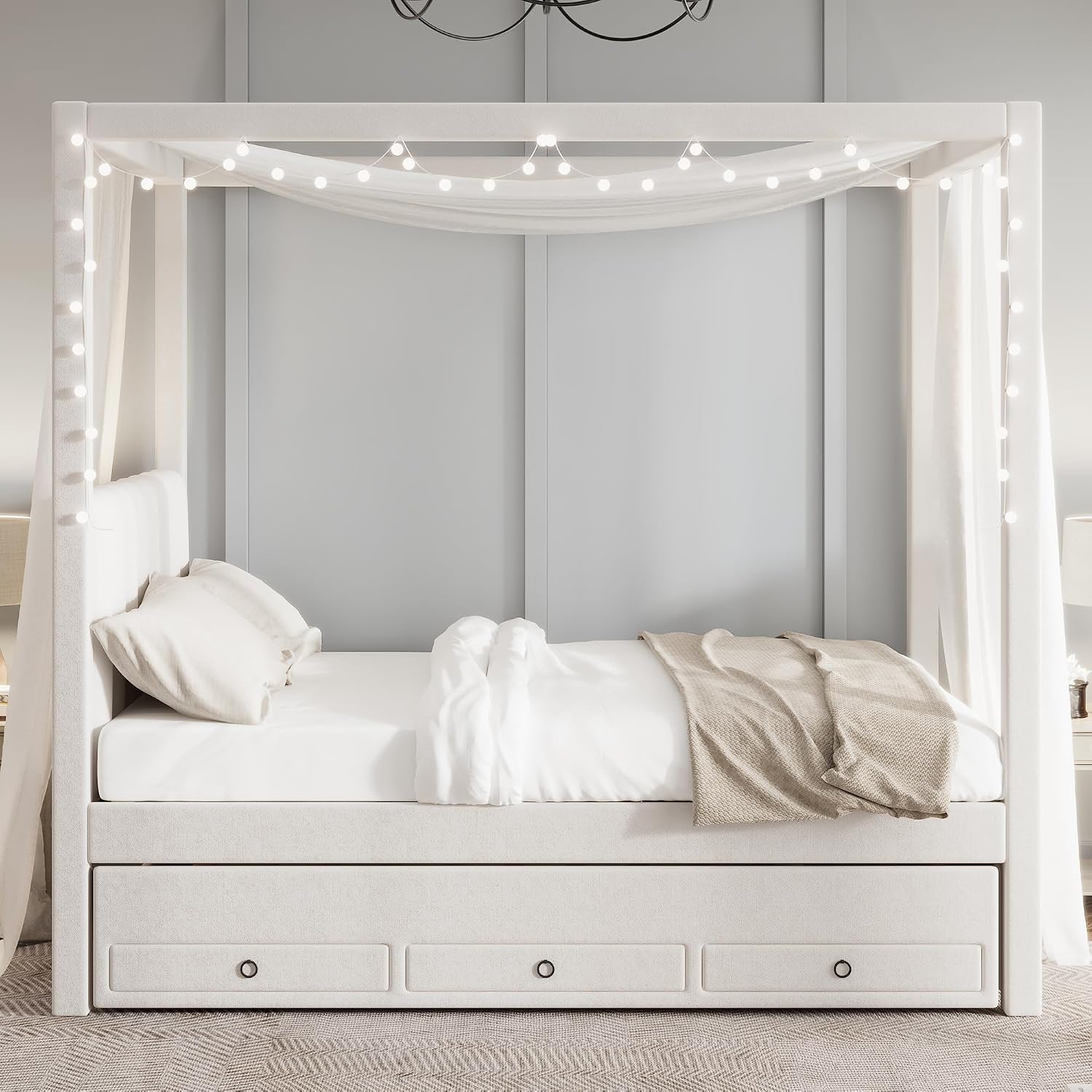 Modern Full Size Upholstery Canopy Platform Bed with Trundle and 3 Storage Drawers, Full Size Linen Storage Platform Bed with Backrest and Wood Slat Support for Kids and Teens (Beige, Full)