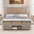 YITAHOME Queen Size Farmhouse Bed Frame with Sliding Barn Door Storage Cabinets, Platform Bed Frame with 47.2' Headboard, Solid Metal Slats Support, Noiseless, No Box Spring Needed, Oak