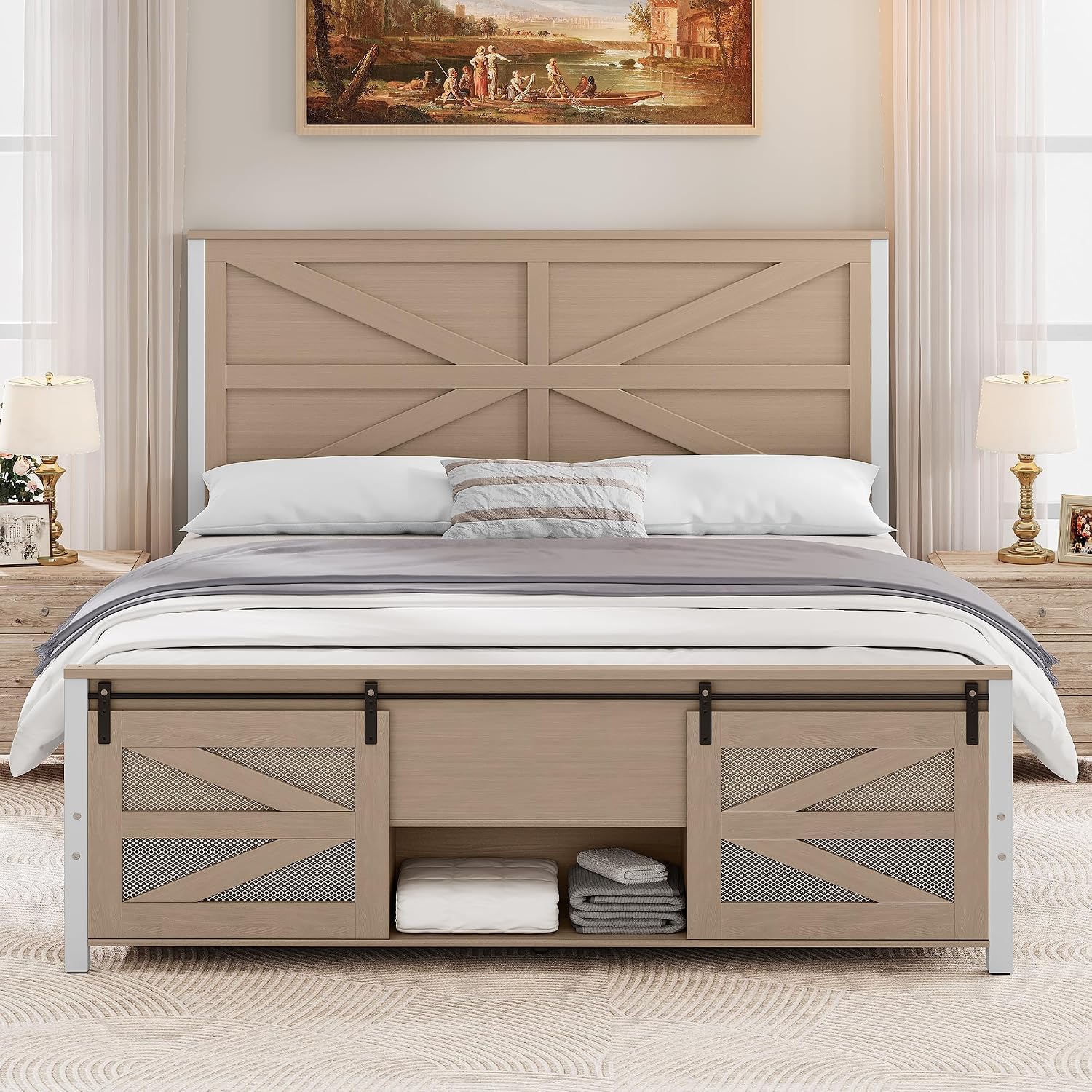 YITAHOME Queen Size Farmhouse Bed Frame with Sliding Barn Door Storage Cabinets, Platform Bed Frame with 47.2' Headboard, Solid Metal Slats Support, Noiseless, No Box Spring Needed, Oak