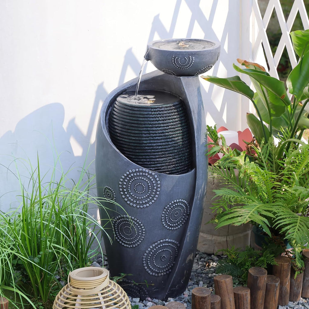 Tankana Indoor Water Fountain Outdoor Garden Large Jar Floor Standing Fountains Waterfall Water Feature with LED Light & Pump for Home Decor Office Yard Patio Pool Deck Porch (32 inches,Gray)