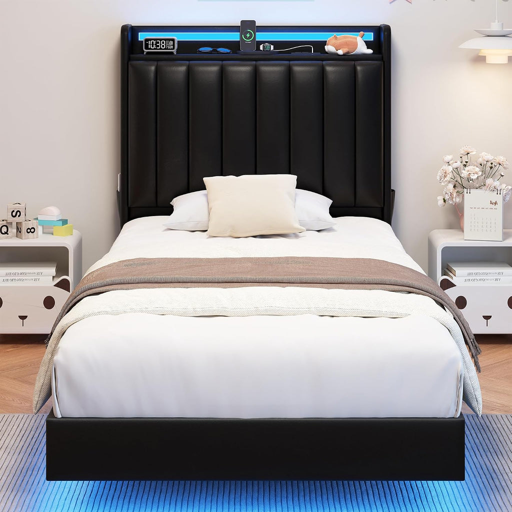 Twin Size Floating Bed Frame with Ergonomic Hidden Storage Headboard and LED Light,Visual Floating Bed Frame with Charing Station,Leather Upholstered Platform Bed for Kids/Boys/Girls,Heavy Duty,Black