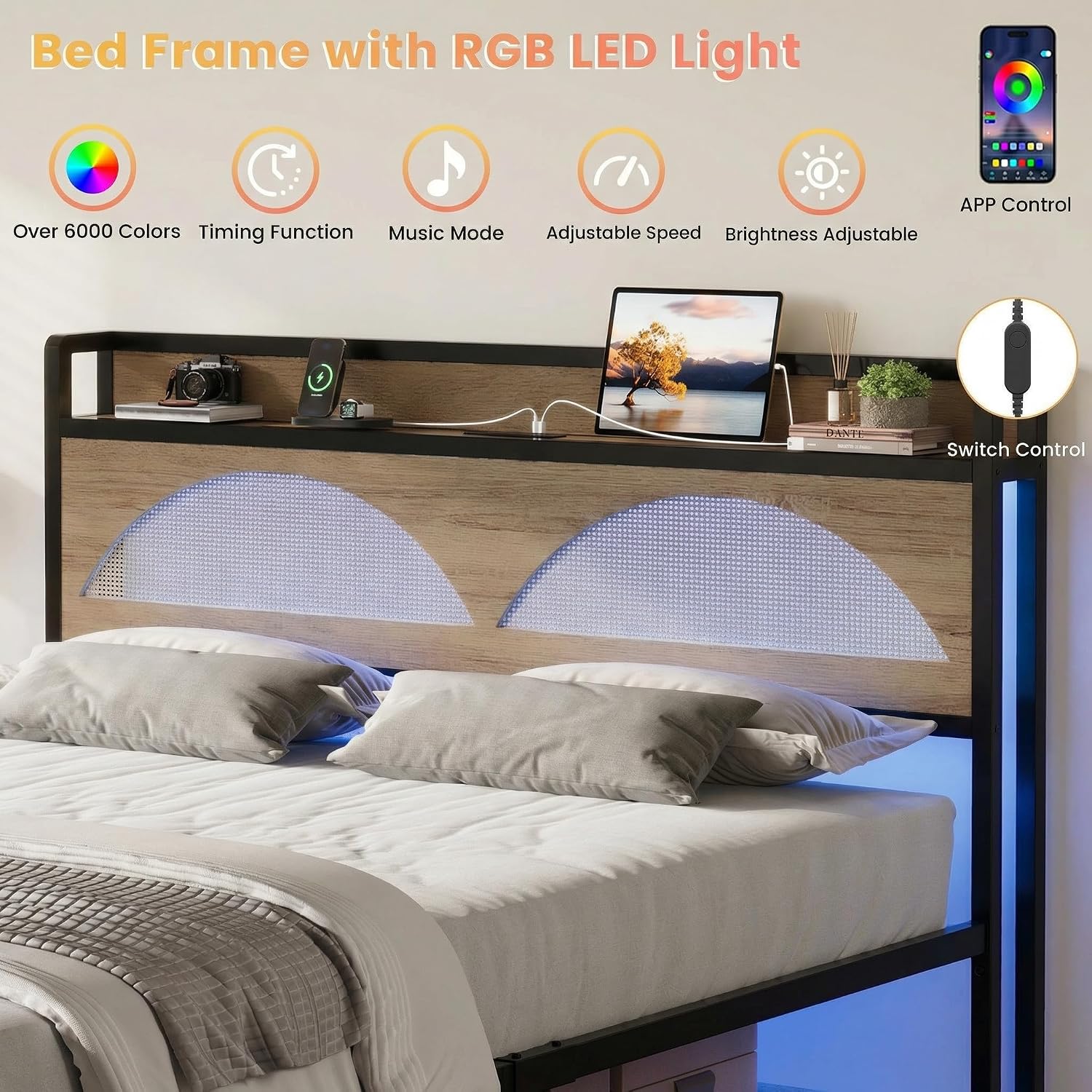 LIKIMIO Rattan Queen Bed Frame with Headboard, LED Lights & Charging Station, Modern Rattan Bedframe, Platform Bed Frame Queen Size, Strong Metal Slat, Noise Free, No Box Spring Needed, Easy Assembly