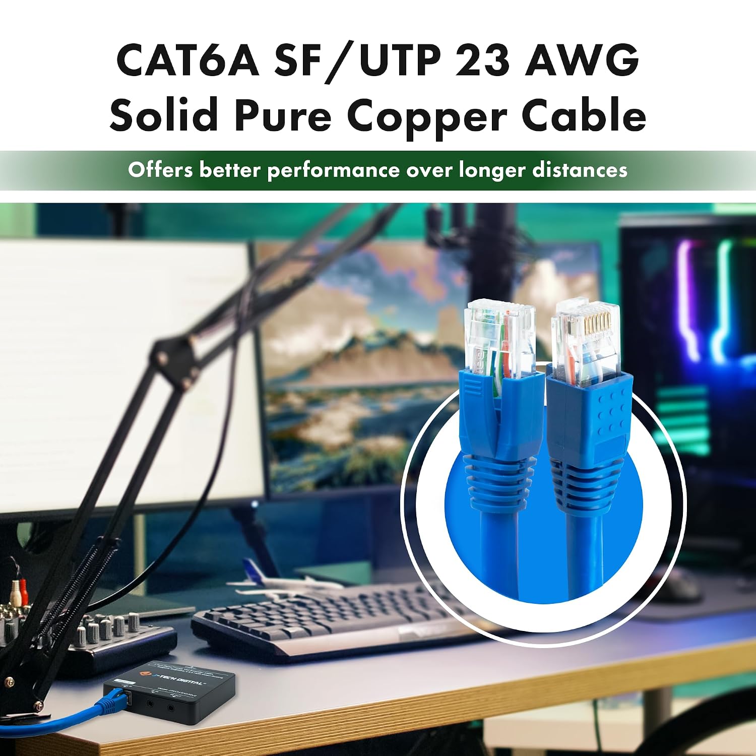 J-Tech Digital Cat 6A Ethernet Cable 300Ft. High Speed SF/UTP Solid Pure Copper 23AWG, RJ45 LAN Cable for Router Modem PC Gaming Audio/Video Transmission (JTECH-CAT6ASF-300)