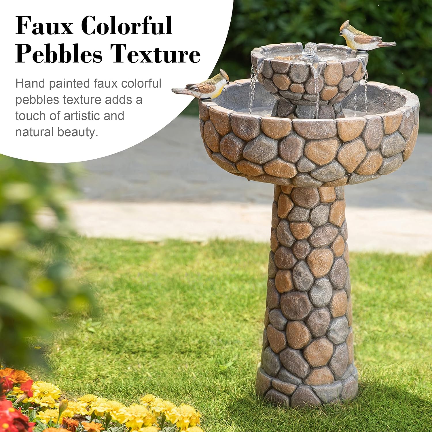 Glitzhome Water Fountain Outdoor with Birds Decor, 24.4'H 2-Tier Bird Bath Outdoor Fountain with Pump, Freestanding Garden Waterfall Fountains Water Feature