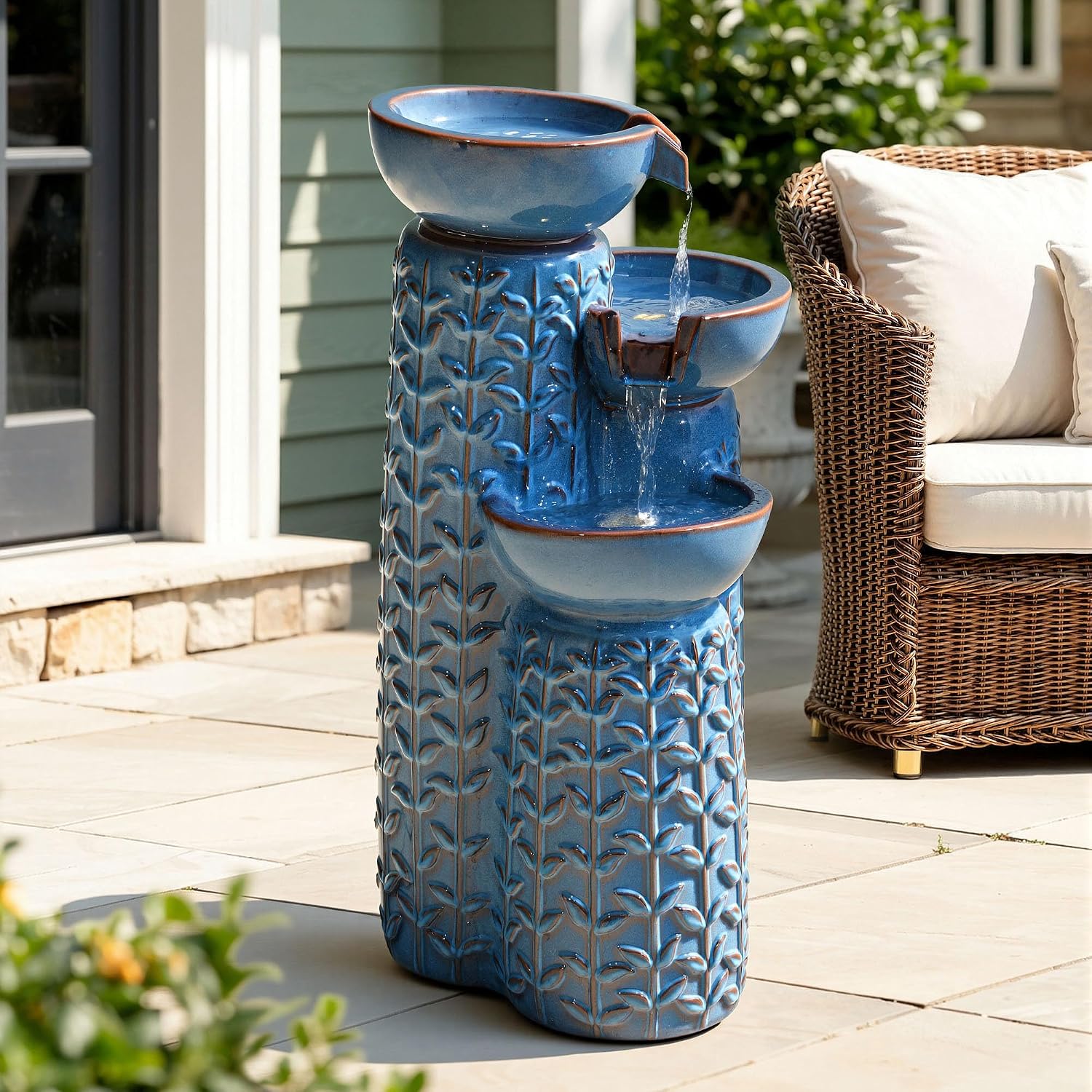 28' H Ceramic Outdoor Water Fountain with LED Lights, 3-Tier Cascading Bowls Water Feature, Tranquil Waterfall for Relaxing Garden, Patio, Yard, or Porch, Turquoise, Embossed Leaf Patterns