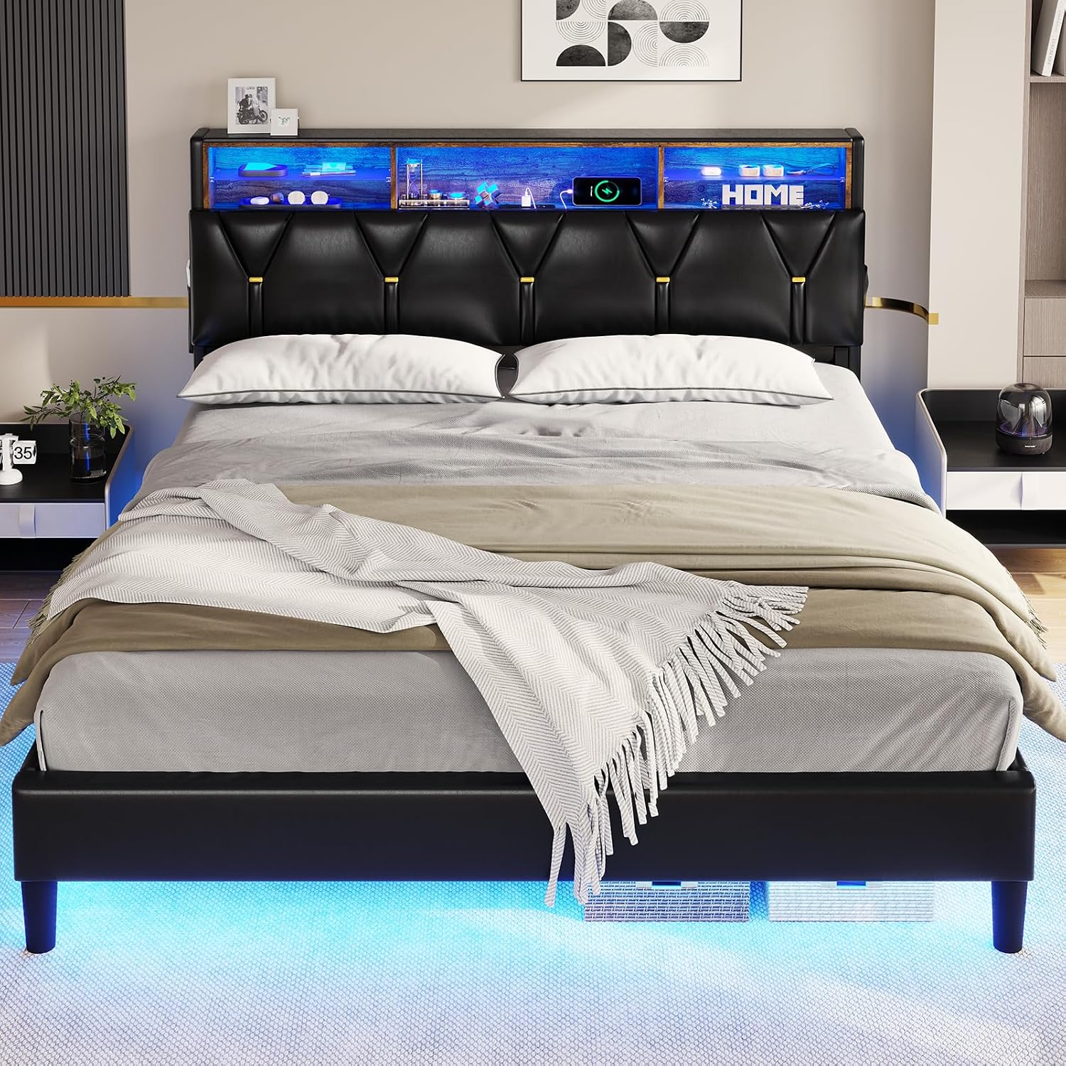 BTHFST Queen Bed Frame with LED Lights & Charging Station,LED Bed Frame Queen Size with Storage Shelf Headboard,Faux Leather Upholstered Bed, Black PU