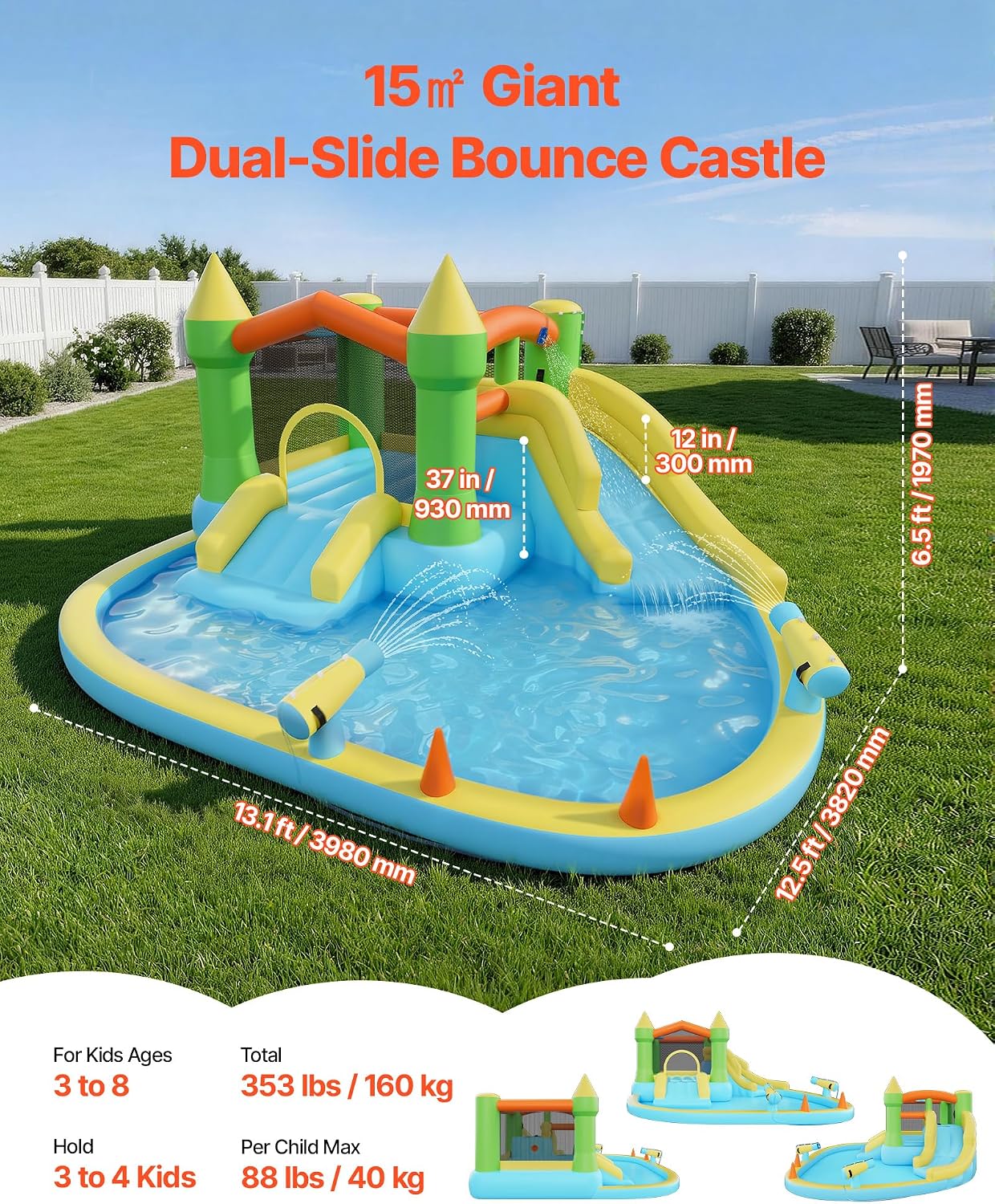VEVOR Bounce House for Kids, Inflatable Bounce House with Air Blower, Water Slide, Bouncer Castle with Castle Bounces, Basketball Hoop, Splash Pool & Water Ring Toss, for 3 to 4 Kids Ages 3 to 8