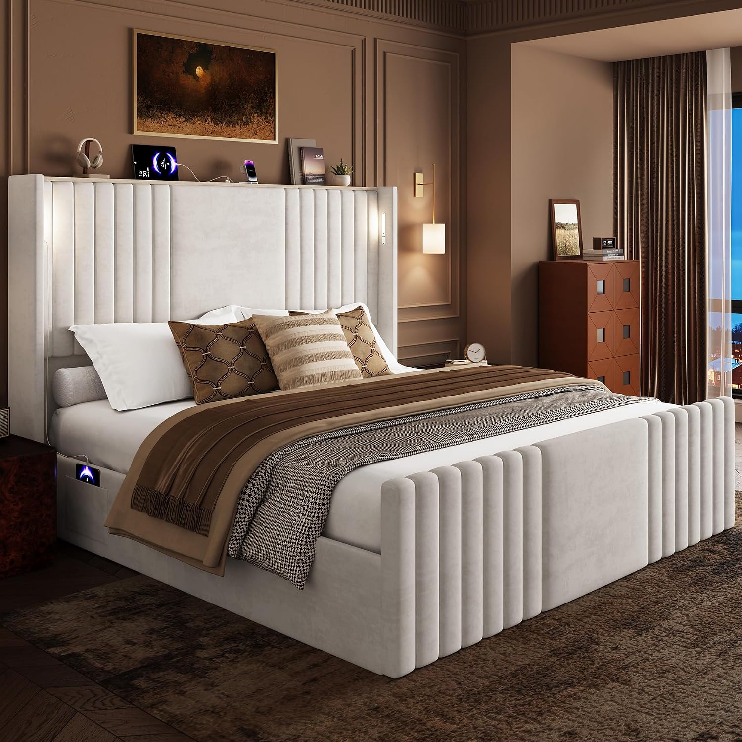 King Size Bed Frame with 55.1' Tall Headboard, Velvet Upholstered Platform Bed with Channel Tufted Wingback, 2 Reading Lights/Storage Shelf/Charging Station/Easy Assembly/Noise-Free, Cream