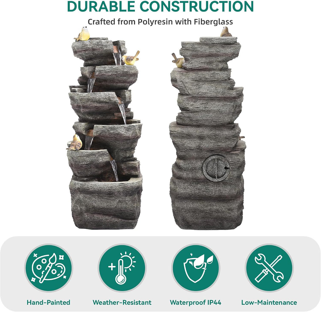 40' H Extra-Large Rock Outdoor Water Fountain with LED Lights, 6-Tier Cascading Stone Waterfall with Birds for Garden Patio Porch, Weather-Resistant Polyresin Water Feature for Tranquil Oasis