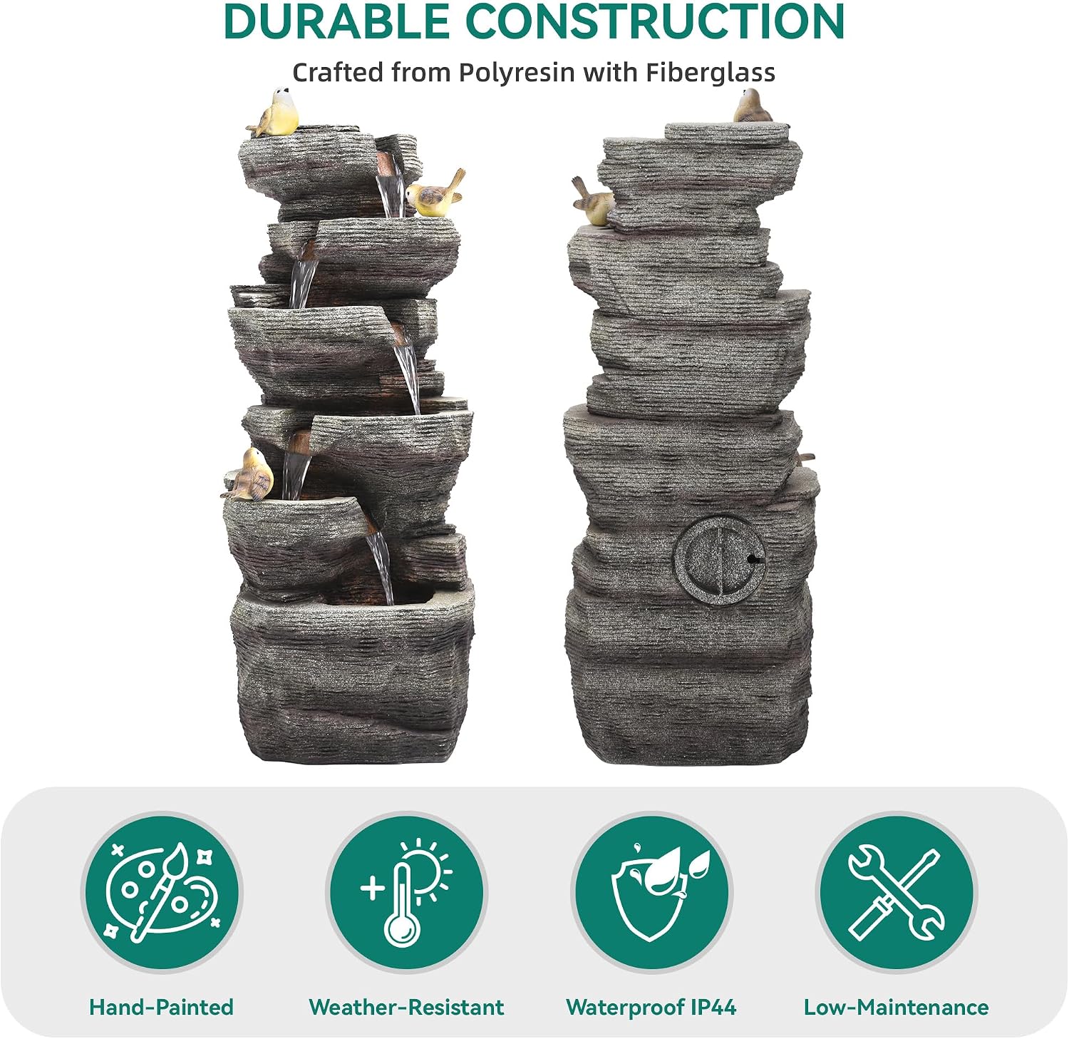 40' H Extra-Large Rock Outdoor Water Fountain with LED Lights, 6-Tier Cascading Stone Waterfall with Birds for Garden Patio Porch, Weather-Resistant Polyresin Water Feature for Tranquil Oasis