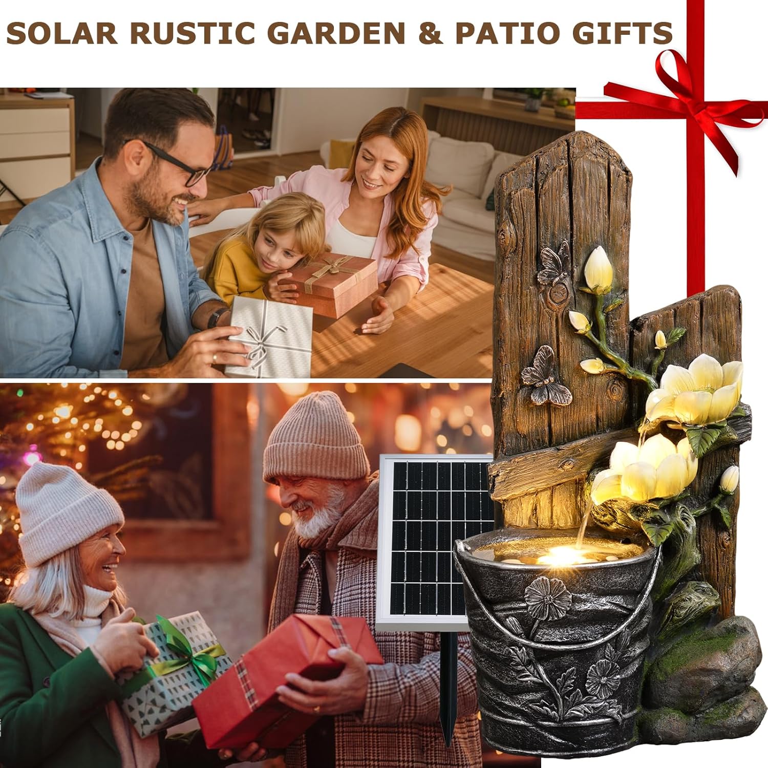 30.7' Tall Solar Water Fountain Outdoor Garden, 3 Tier Rustic Solar Powered Fountain Outdoor Faux Iron Bucket with LED Lights for Garden, Patio, Backyard, Deck, Porch, Yard