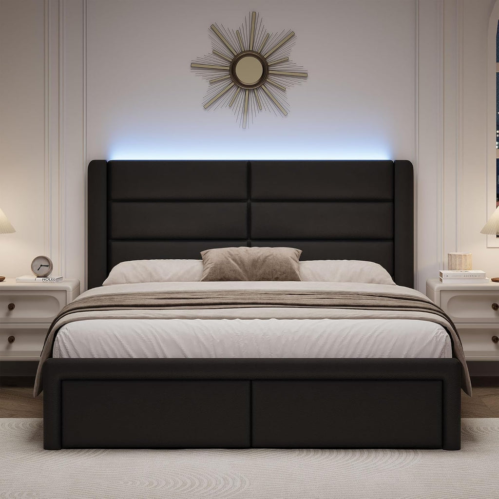 Queen Upholstered Bed Frame with Headboard and LED Lights, Modern Faux Leather Bed Frame with Wooden Slats Support and Heavy Duty Mattress Foundation, No Box Spring Needed, Easy Assembly, Black