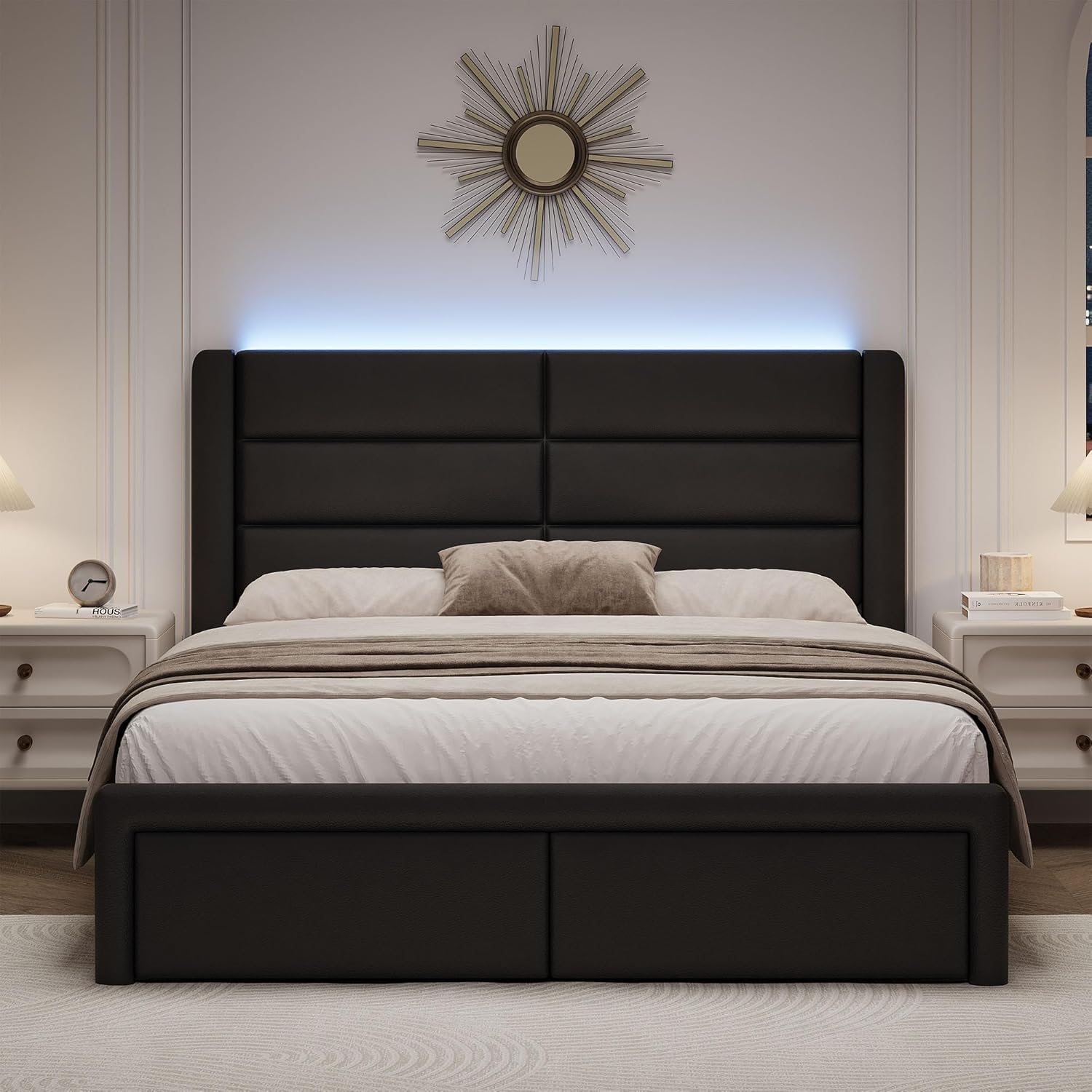 Queen Upholstered Bed Frame with Headboard and LED Lights, Modern Faux Leather Bed Frame with Wooden Slats Support and Heavy Duty Mattress Foundation, No Box Spring Needed, Easy Assembly, Black
