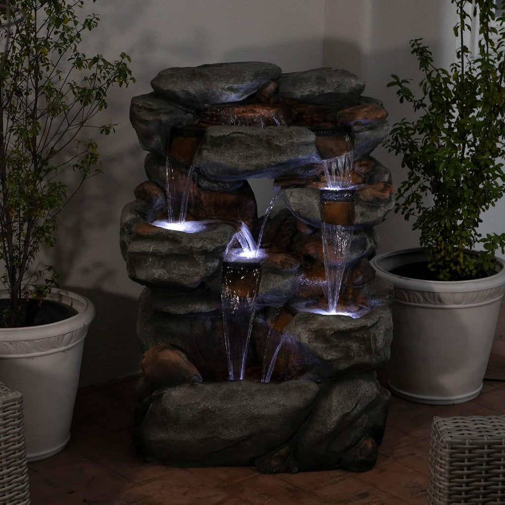 Alpine Corporation WIN1068 Outdoor Floor Rock Water Fountain with LED Lights, 5-Tier Rock Waterfall Fountain 54', Dark Brown