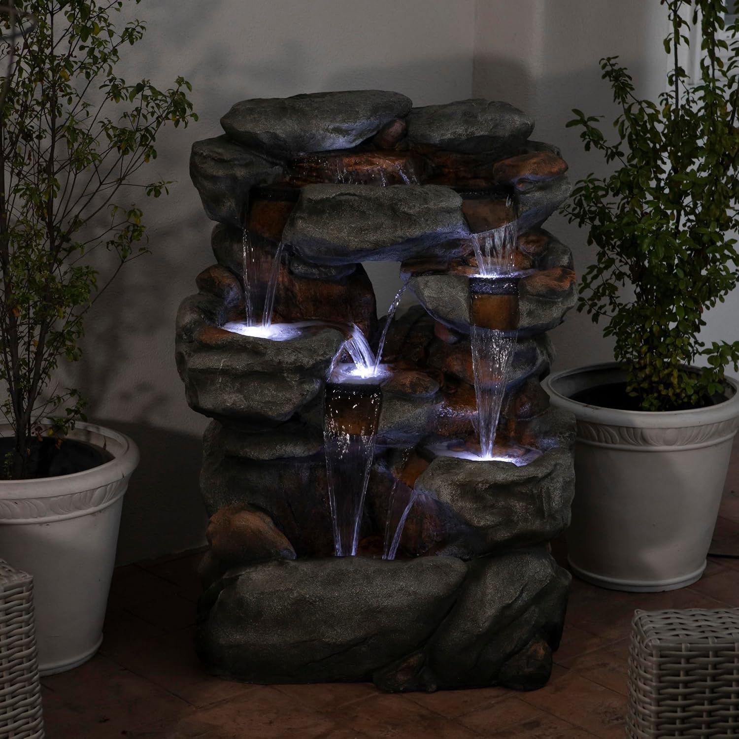 Alpine Corporation WIN1068 Outdoor Floor Rock Water Fountain with LED Lights, 5-Tier Rock Waterfall Fountain 54', Dark Brown