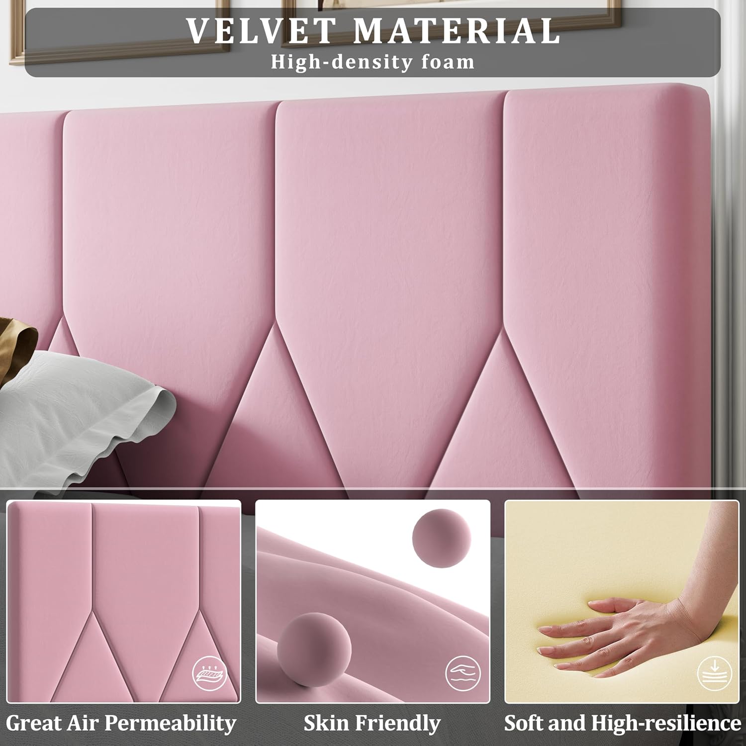 IOILORI Queen Size Bed Frame Platform with Velvet Upholstered Headboard, Sturdy Wooden Slats, No Spring Box, No Noise, Easy to Assemble, Bedframe with Strong Wooden Slats, Pink