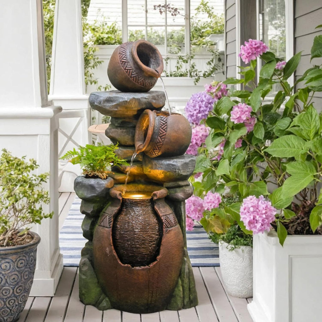Bumilgar Outdoor Garden Water Fountain for Garden, Patio, Backyard, Deck, Porch and Home Art Decor, 3 Tiers Modern Cascading Outdoor Fountain with Lights 38.4' H