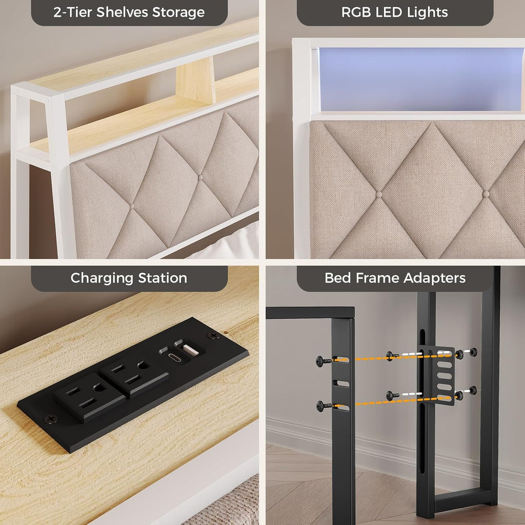 Queen Headboard Only, Headboard for Queen Size Bed with Storage, Upholstered Headboards with LED Lights & Charging Station, Attach Frame, Ideal for Bedroom/Dorm/Guest Room, White & Beige