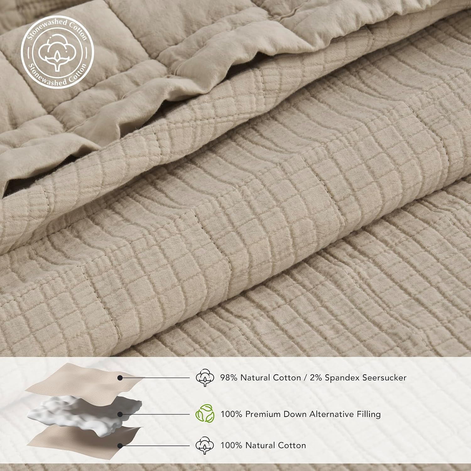 EVERGRACEHOME Stonewashed Cotton Quilt Set King Size, Ultra Soft Oversized Bedspread Coverlet Set, Lightweight Crinkle Box Stitch Bedding Sets for All Season, with 2 Shams, Flax Beige