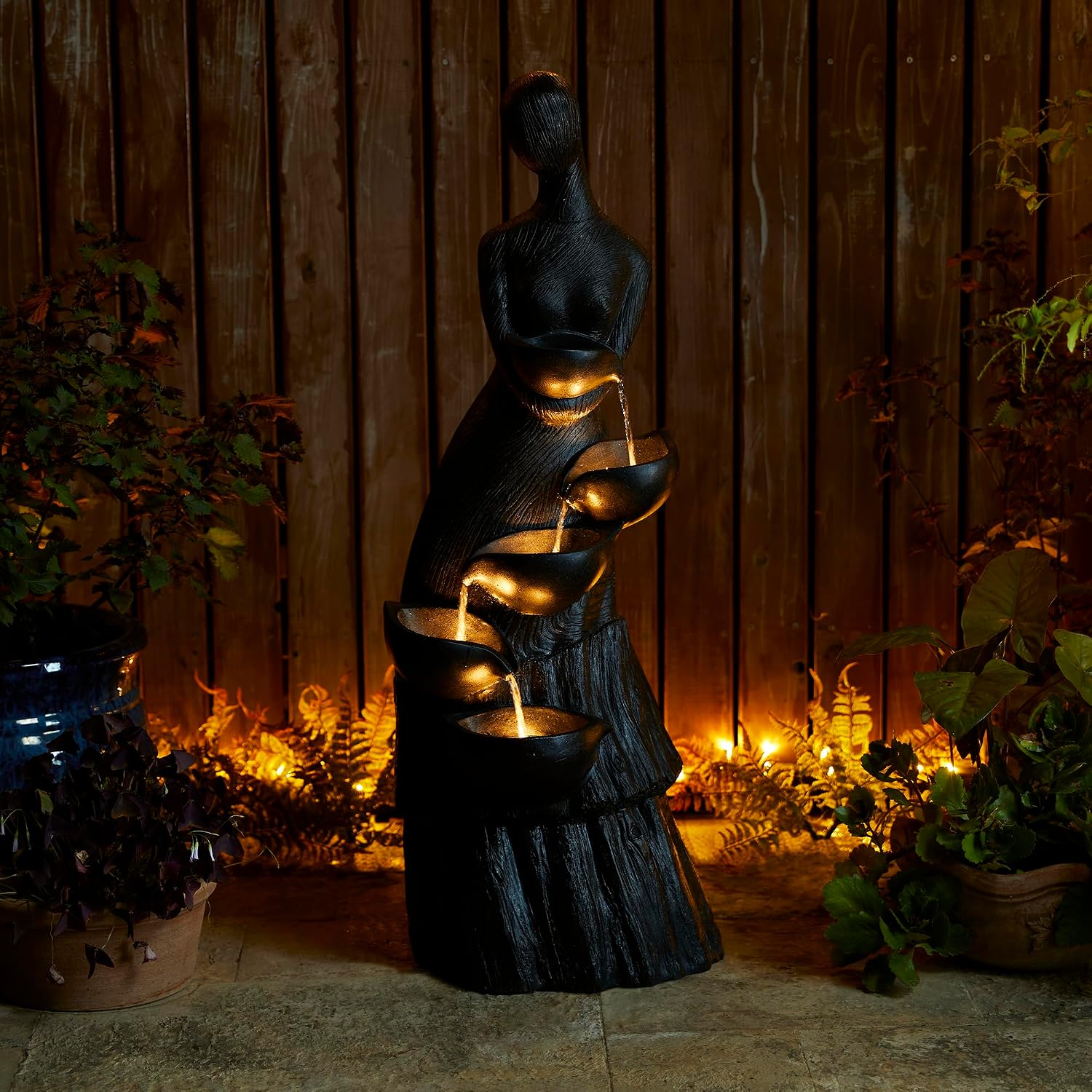 Glitzhome 39.75' H Modern Abstract Women Sculpture Outdoor Water Fountain, 5 Tier Woman Statue Waterfall Fountain with LED Lights and Pump for Porch Deck Garden Patio Backyard