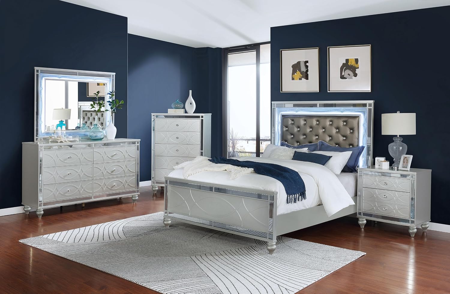 Coaster Home Furnishings Gunnison Modern Classic 5-Piece Bedroom Set Leatherette Upholstered Eastern King Size LED Panel Bed Frame 63-inch Headboard Silver Metallic 223211KE-S5