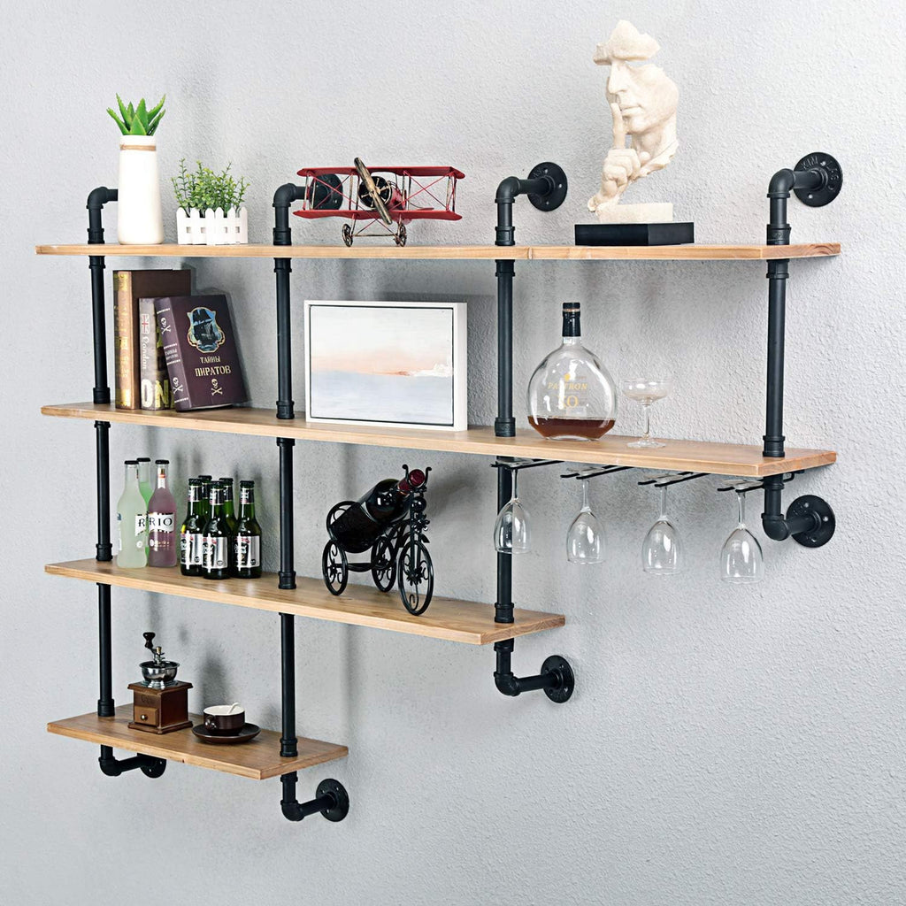 MBQQ 4-Tiers 63inch Industrial Pipe Shelving,Rustic Wooden&Metal Floating Shelves,Home Decor Shelves Wall Mount with Wine Rack,Black