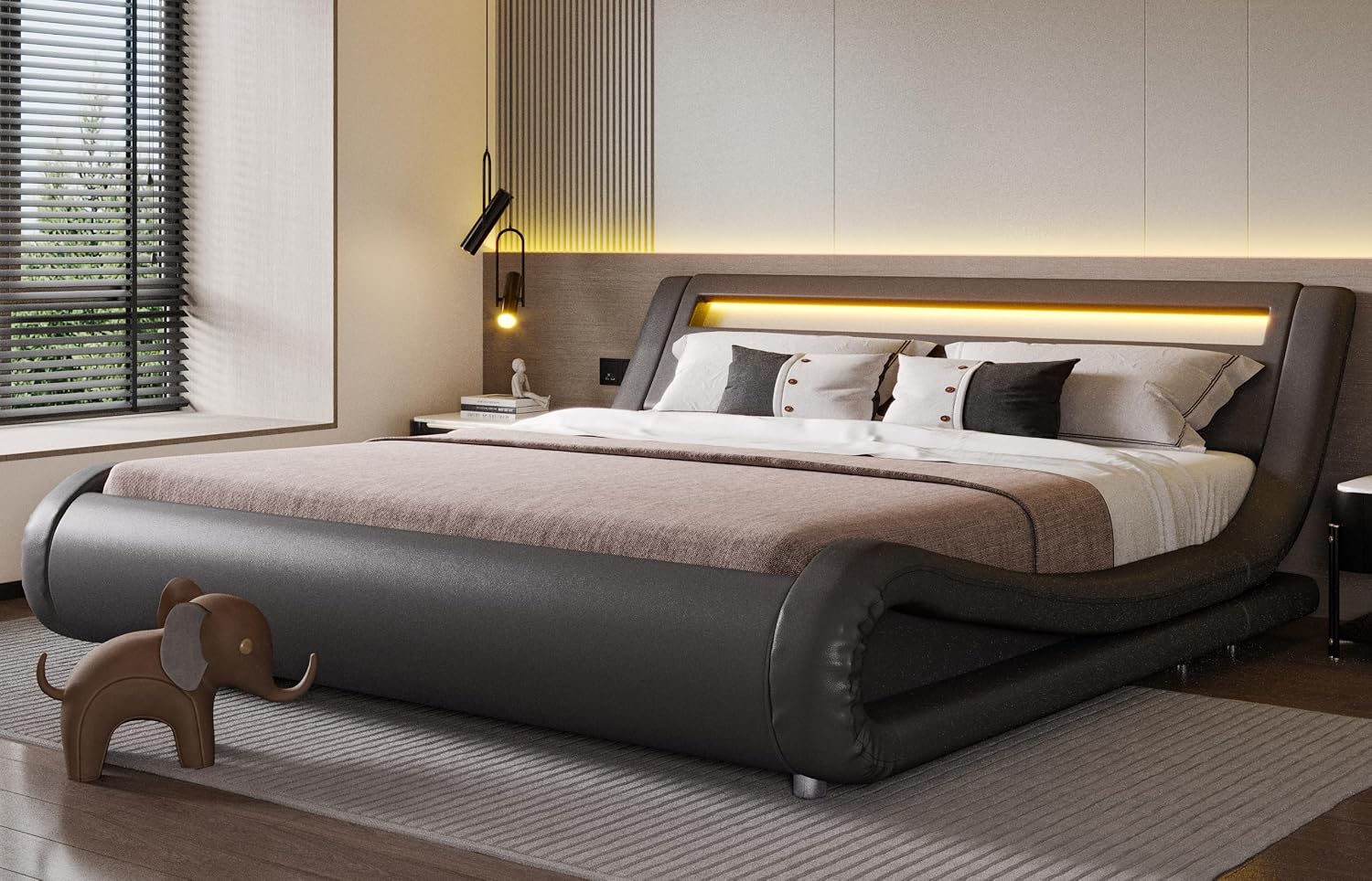 SHA CERLIN LED King Deluxe Upholstered Bed Frame with Adjustable Headboard - Low Profile Sleigh Design, Strong Wood Slats Support, No Box Spring Needed, Grey