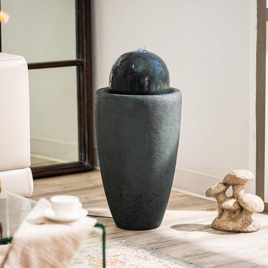 XBrand 25.98' Modern Sphere Water Fountain with LED Light – Indoor Outdoor Stone Texture Floor Fountain, Zen Bubbling Ball Water Feature for Garden Patio Porch - Dark Green