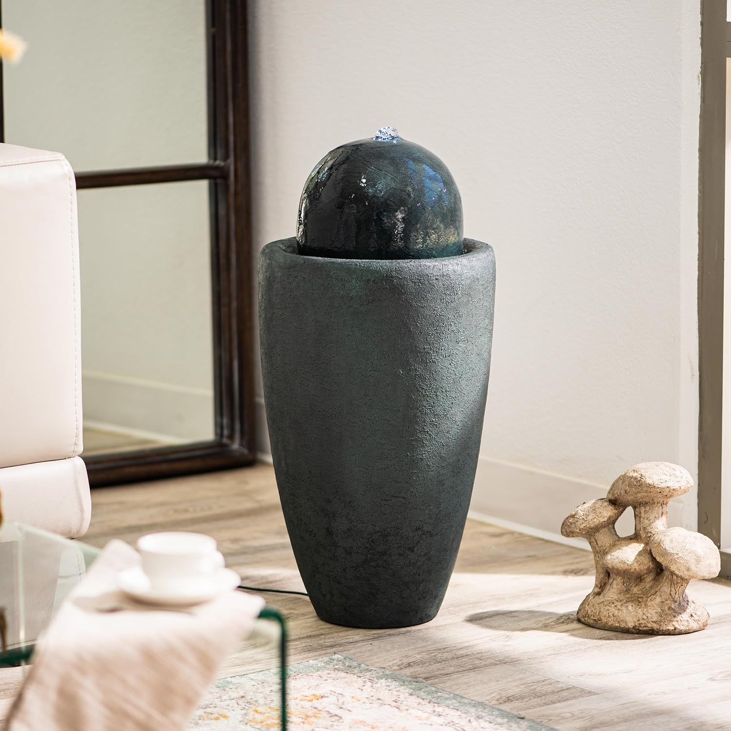 XBrand 25.98' Modern Sphere Water Fountain with LED Light – Indoor Outdoor Stone Texture Floor Fountain, Zen Bubbling Ball Water Feature for Garden Patio Porch - Dark Green