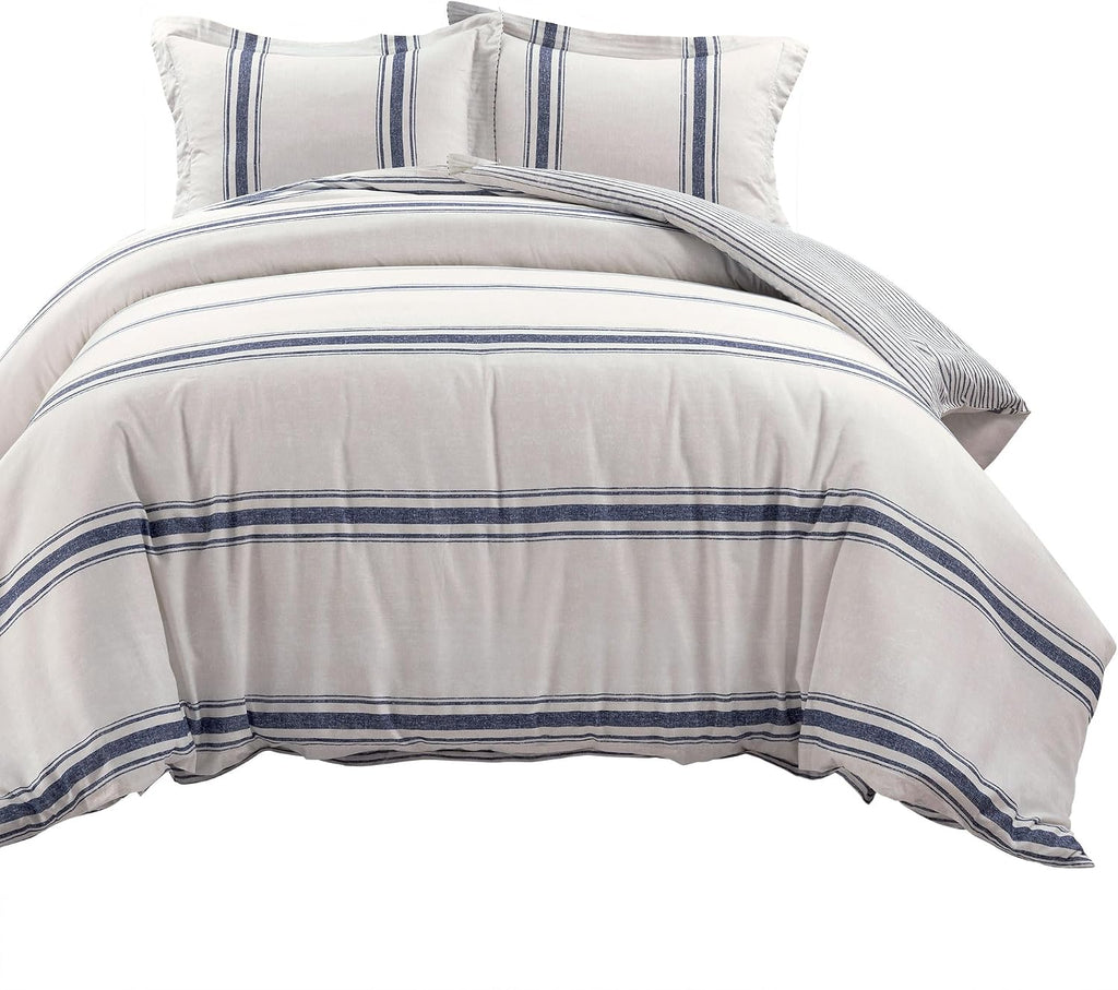 Lush Decor Farmhouse Stripe Reversible Cotton Duvet Cover King Size 3 Piece Set Navy - Farmhouse Bedding Set King - Striped Duvet Cover