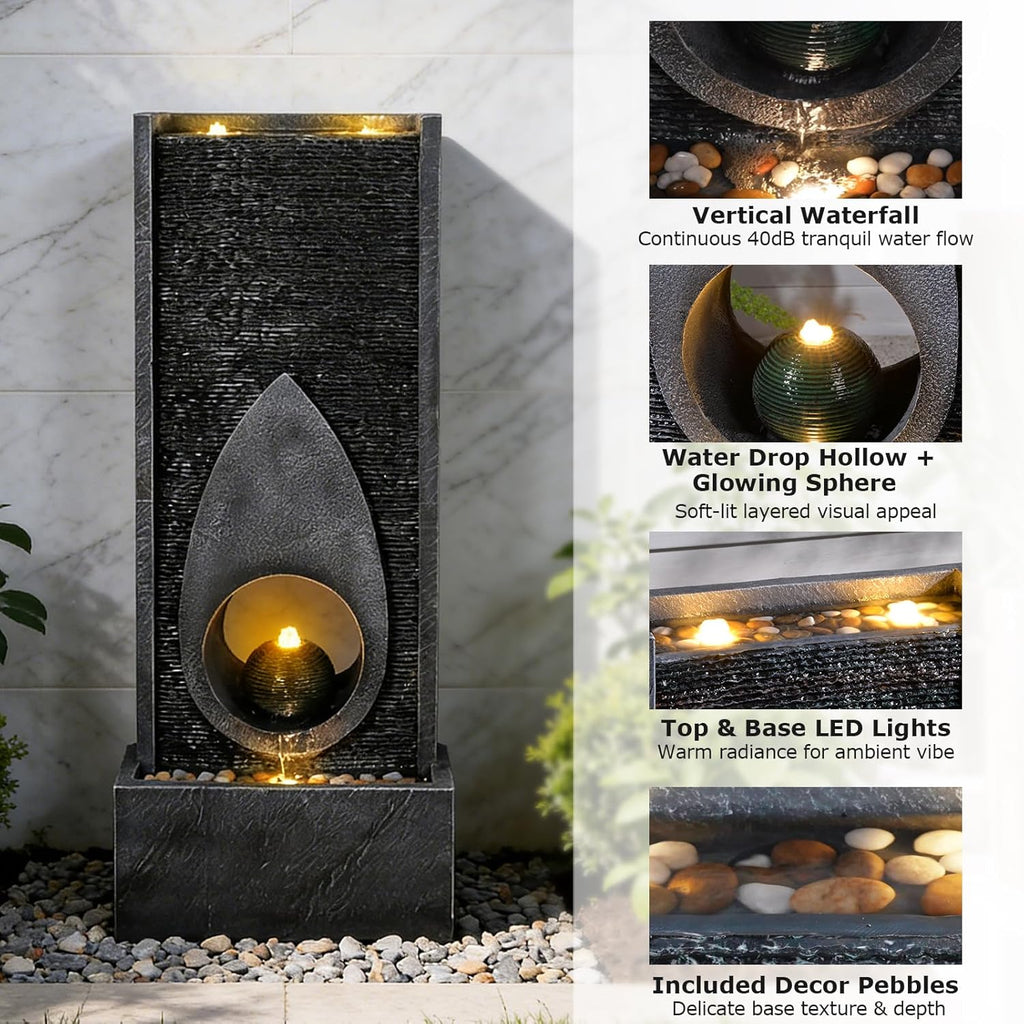 46.5''Tall Modern Water Fountain Indoor Outdoor Waterfall Feature Floor Standing with Sphere and LED Lights for Garden, Yard, Patio, Deck, Porch, Livingroom Decor