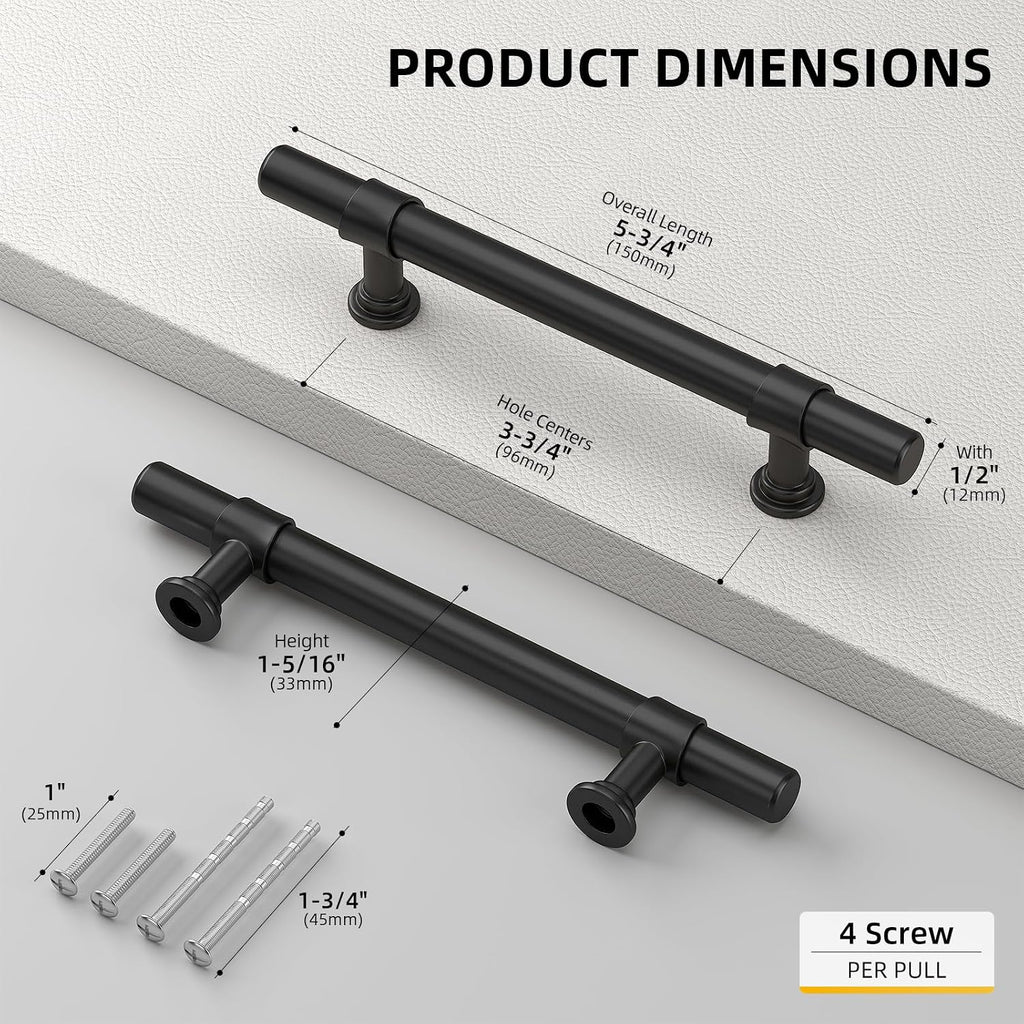 Goldenwarm Black Cabinet Pulls 3 3/4 inch Matte Black Drawer Pulls - 50 Pack LST18BK96 Kitchen Cabinet Hardware Modern Rustic Door Handles T Bar Drawer Hardware for Dresser