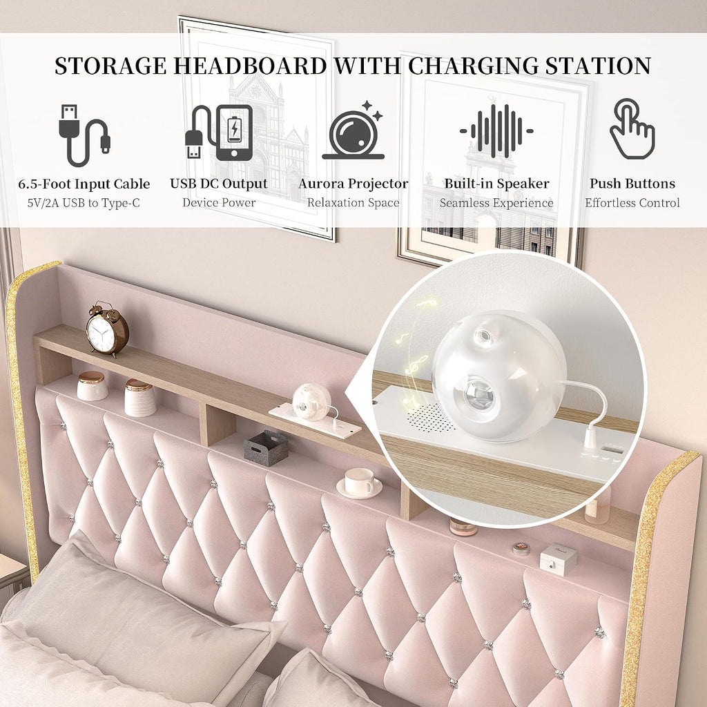 SIBEDS Full LED Bed Frame with Storage Drawers, Velvet Upholstered Platform Beds with Galaxy Star Projector Charging Station Speaker, Aurora Bedframe with 2-Tier Storage Headboard, Noise-Free, Pink